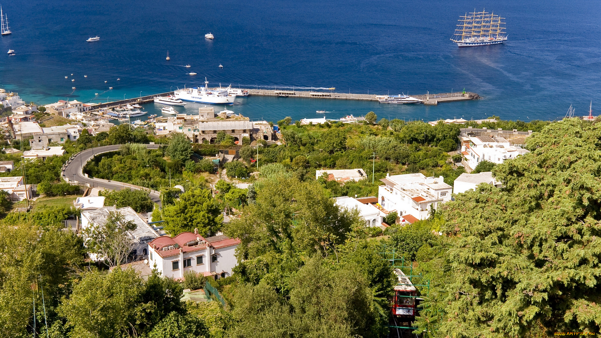 италия, города, -, панорамы, деревья, дорога, водоем, причал, корабли, здания