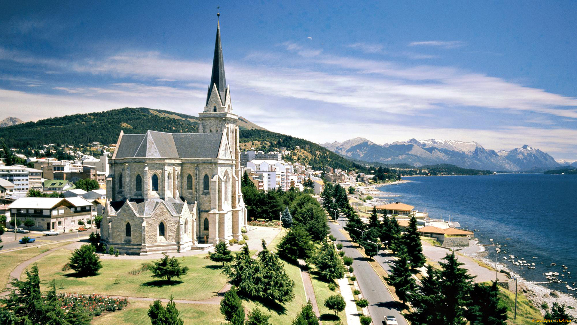 nahuel, huapi, lake, , patagonia, , argentina, города, -, католические, соборы, , костелы, , аббатства, небо, облака, горы, озеро, побережье, улица, храм, дома, здания