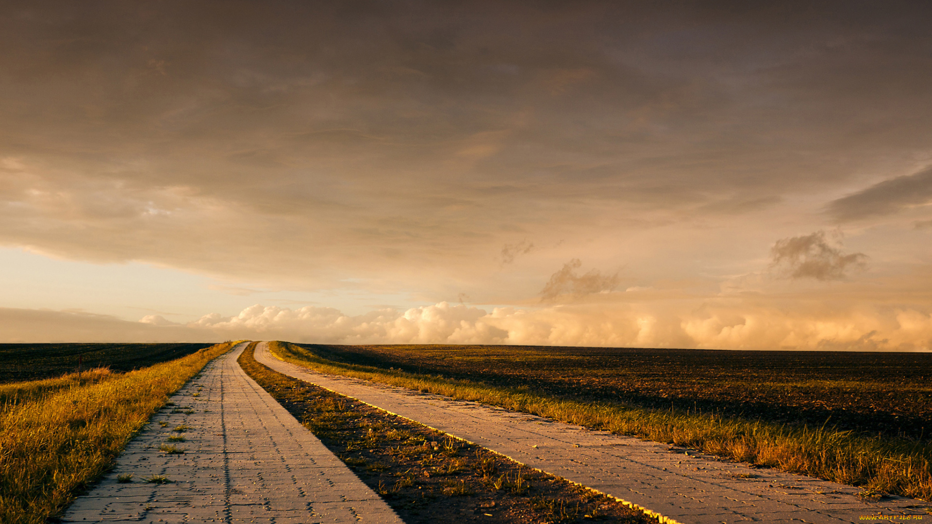 природа, дороги, дорога, облака, поле, горизонт