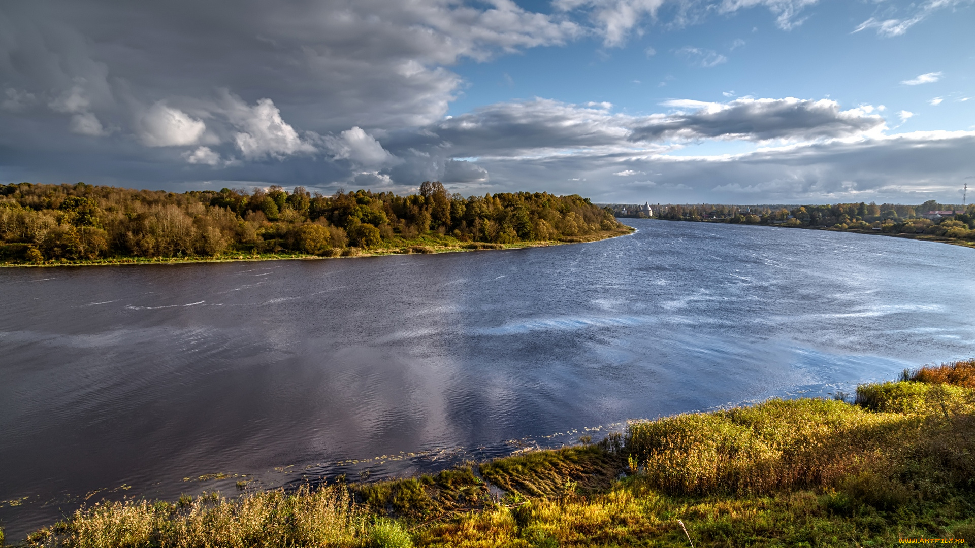природа, реки, озера, водоем, трава, деревья, облака