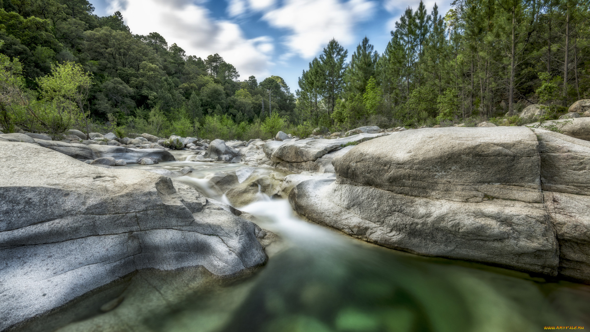 природа, водопады, река, деревья, камни, поток