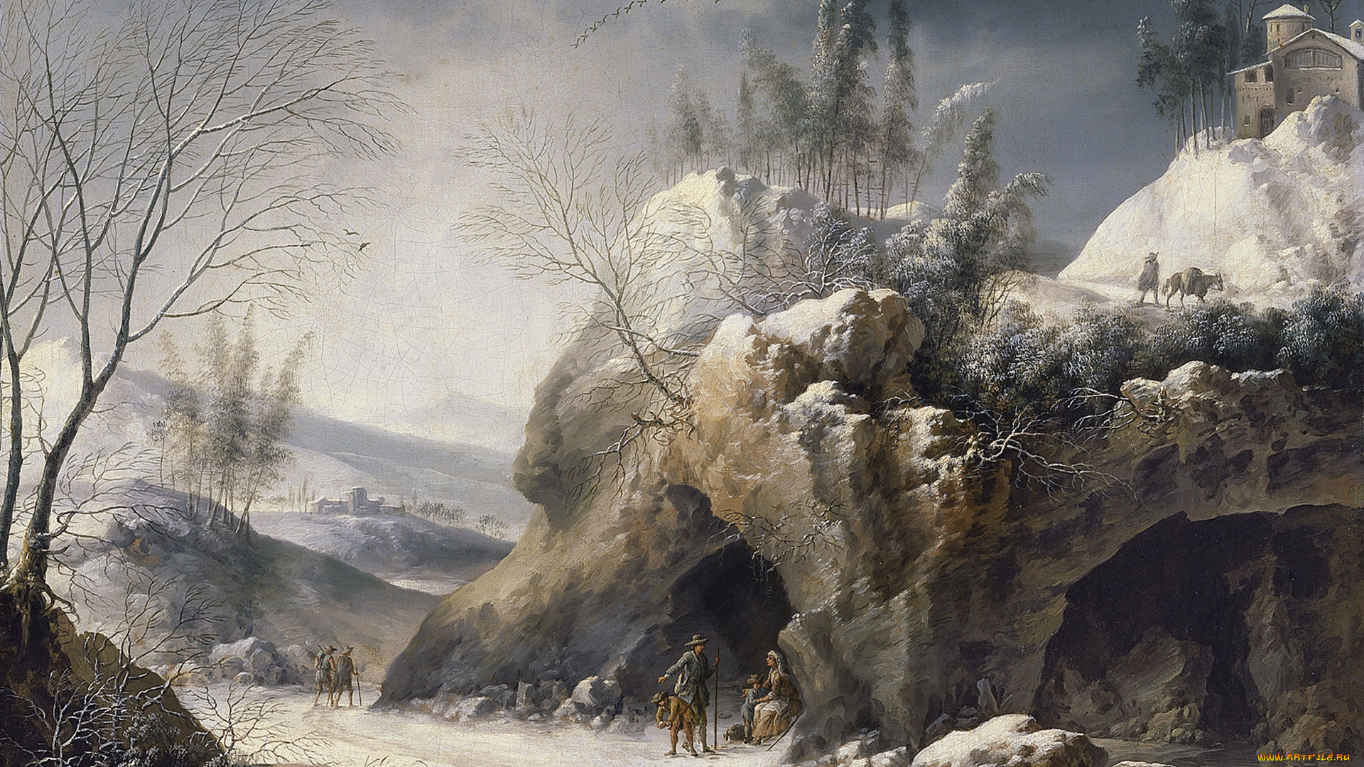 рисованное, живопись, франческо, фоски, скалы, зимний, пейзаж, с, крестьянской, семьёй, картина, дорога