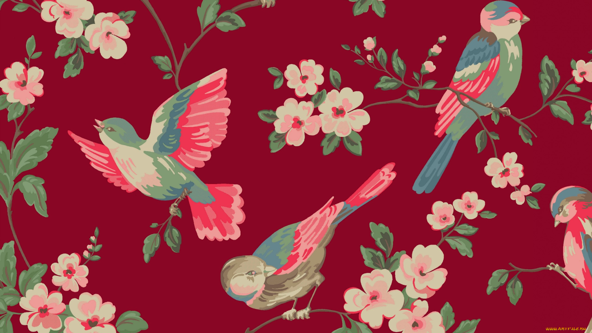 векторная, графика, птицы, , птицы, ветка, цветы