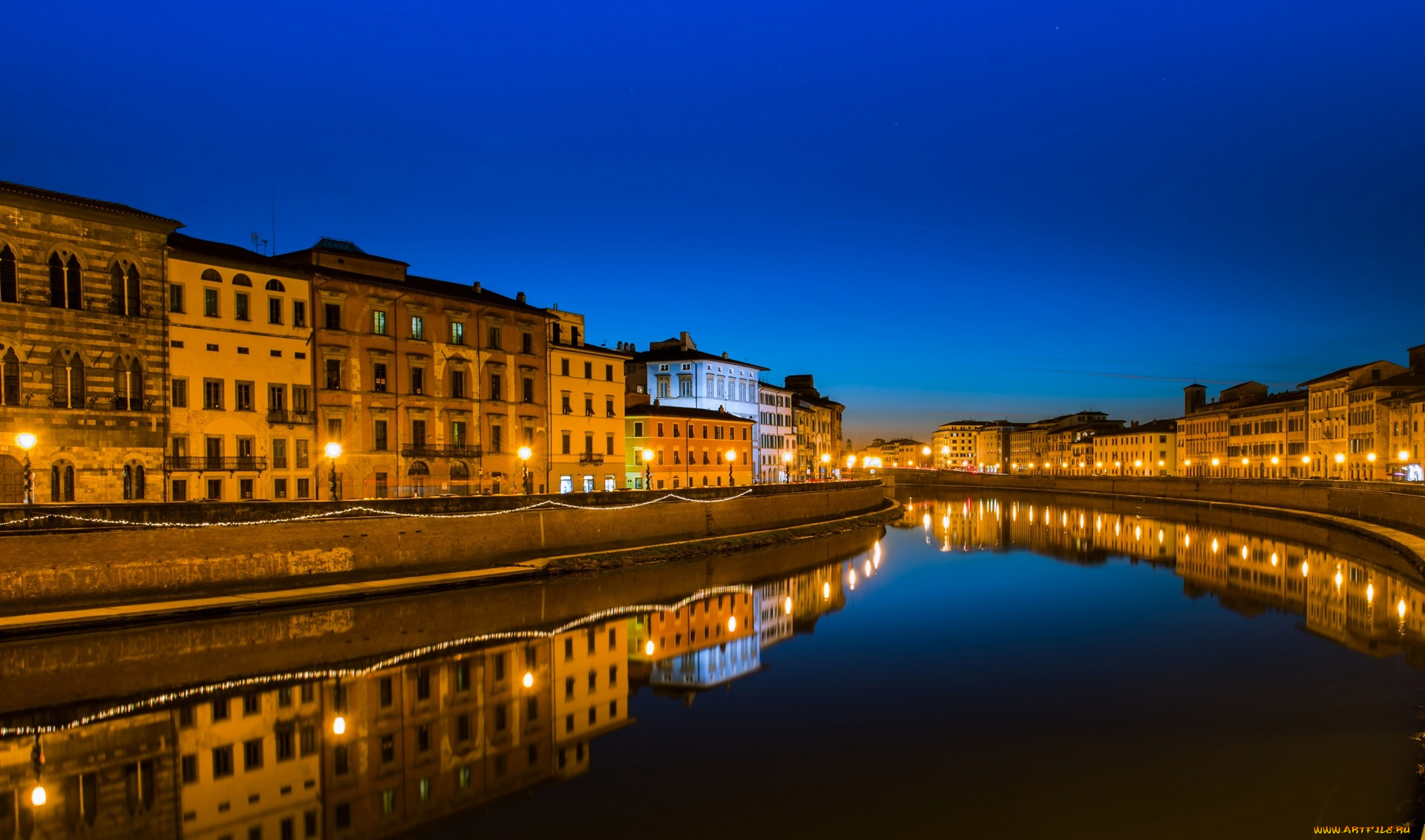 тоскана, города, -, огни, ночного, города, водоем, фонари, здания, набережная