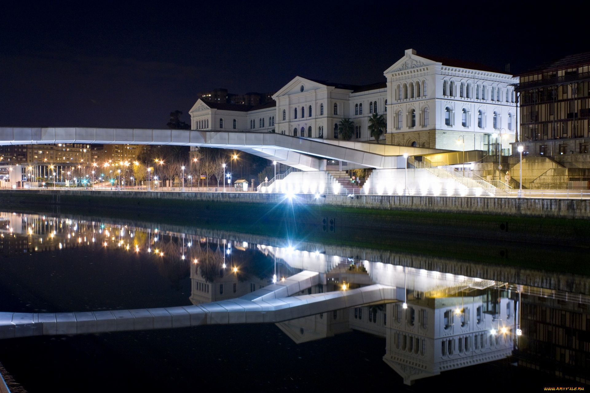 испания, города, -, огни, ночного, города, водоем, отражение, набережная, здания, фонари, мост