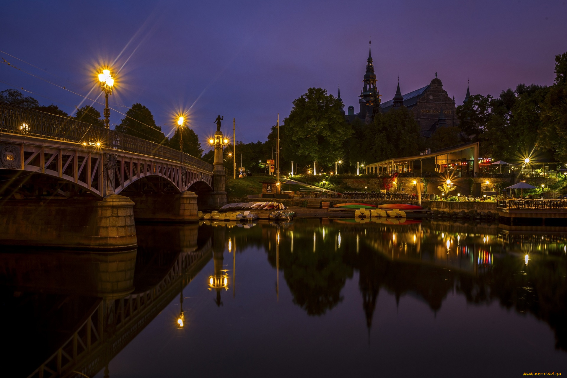 стокгольм, города, стокгольм, , швеция, водоем, мост, фонари, здания, ночь
