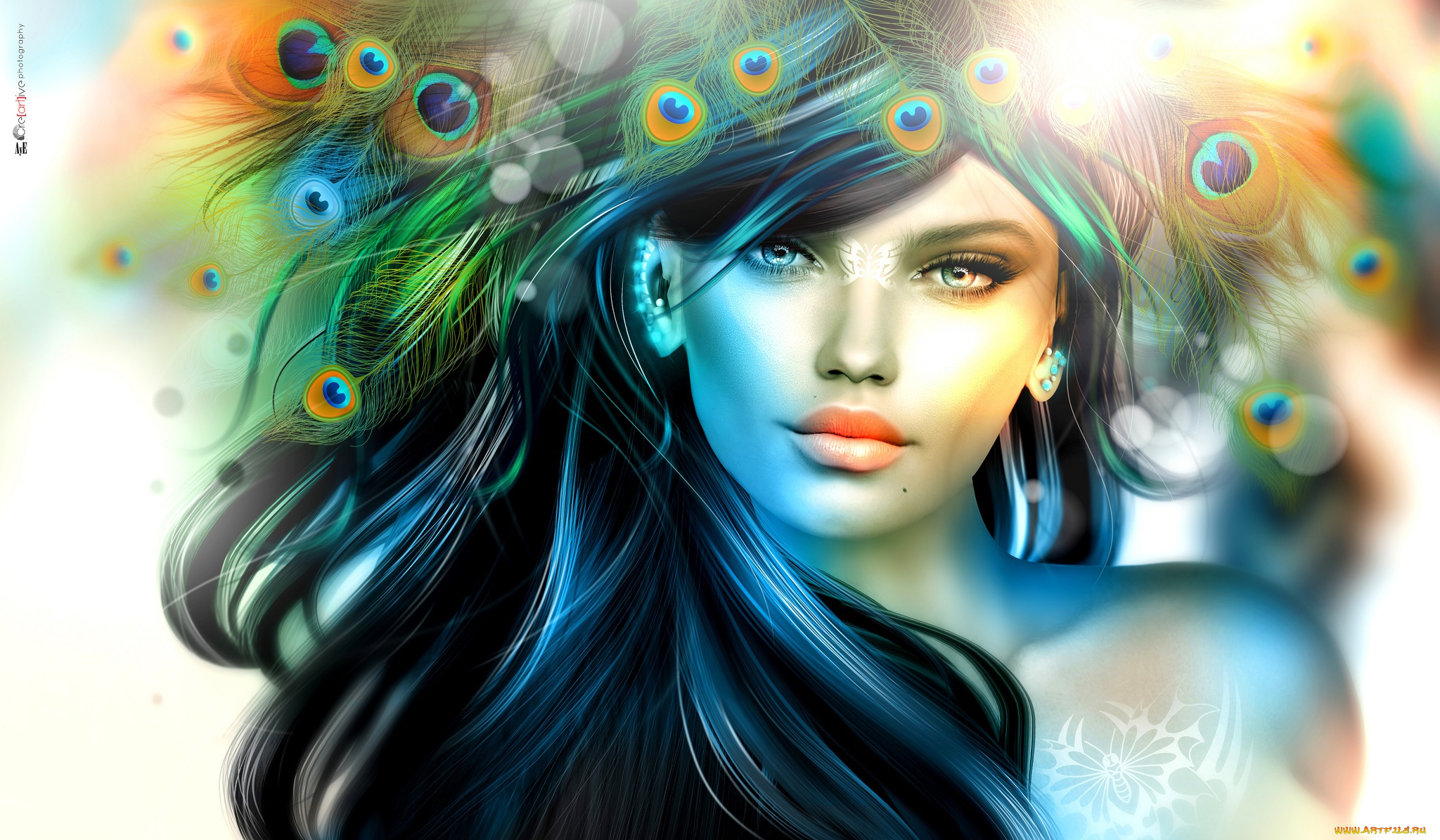 3д, графика, портрет, , portraits, девушка, волосы, перья