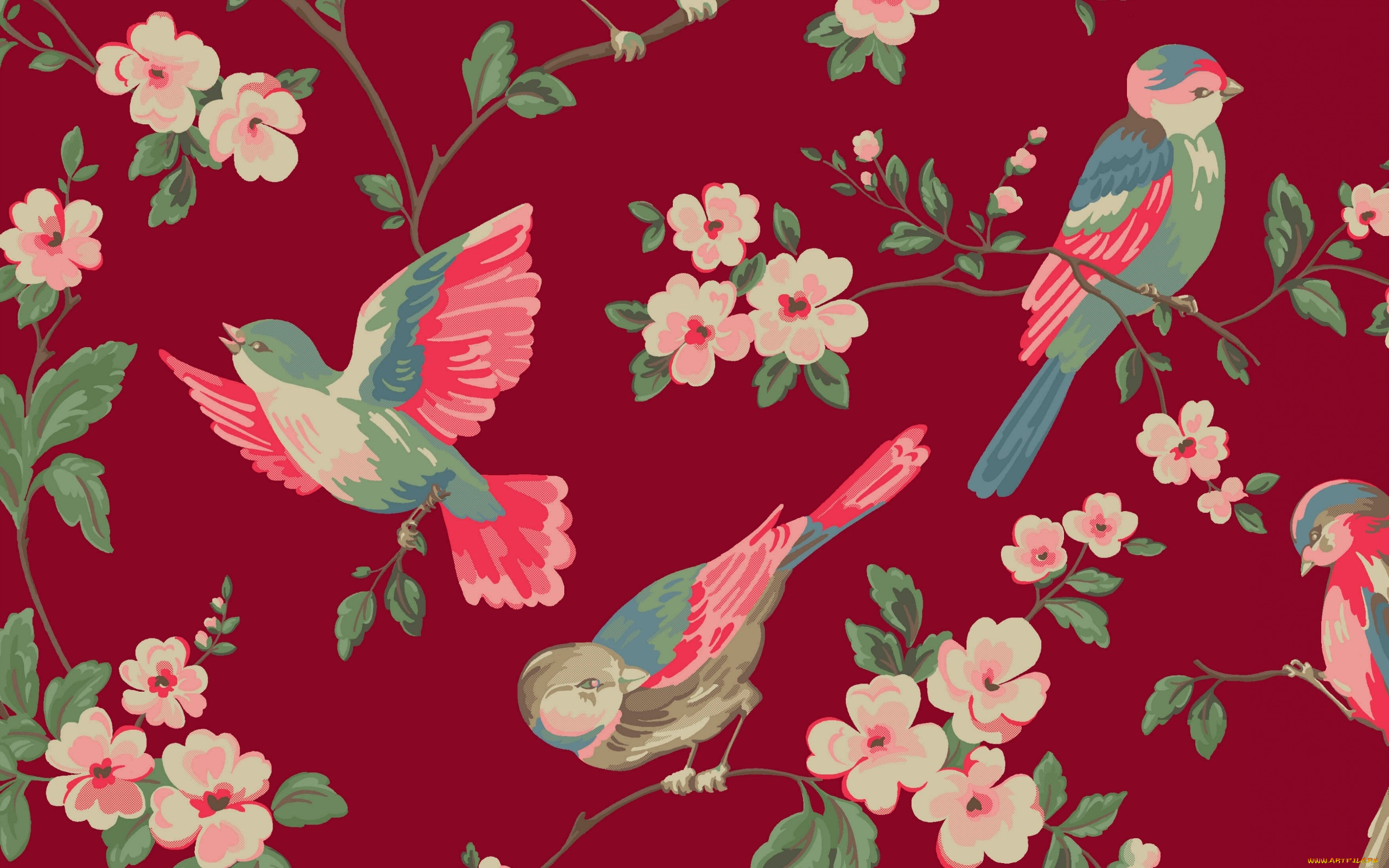 векторная, графика, птицы, , птицы, ветка, цветы