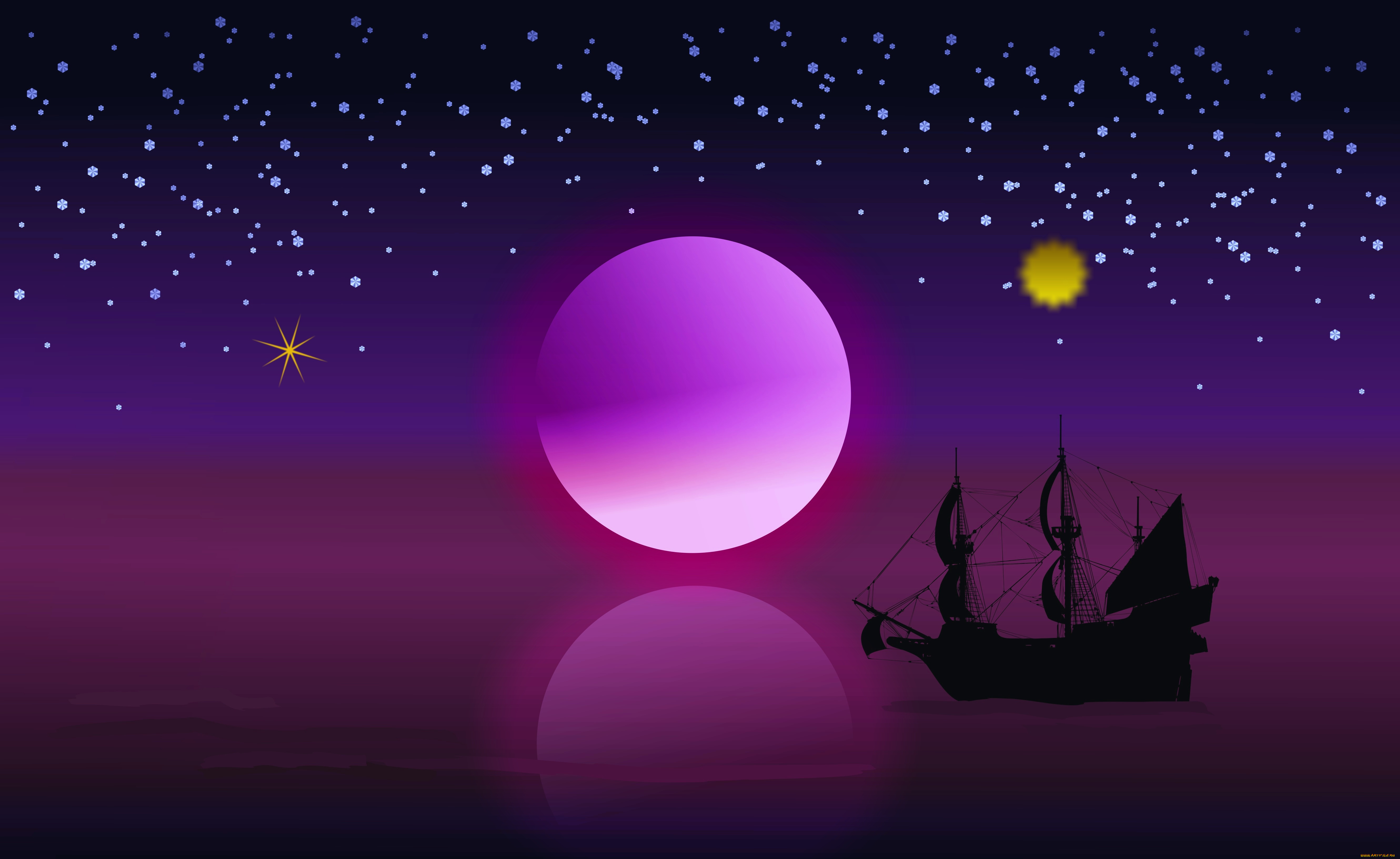 3д, графика, море, , sea, звезды, корабль, луна, ночь