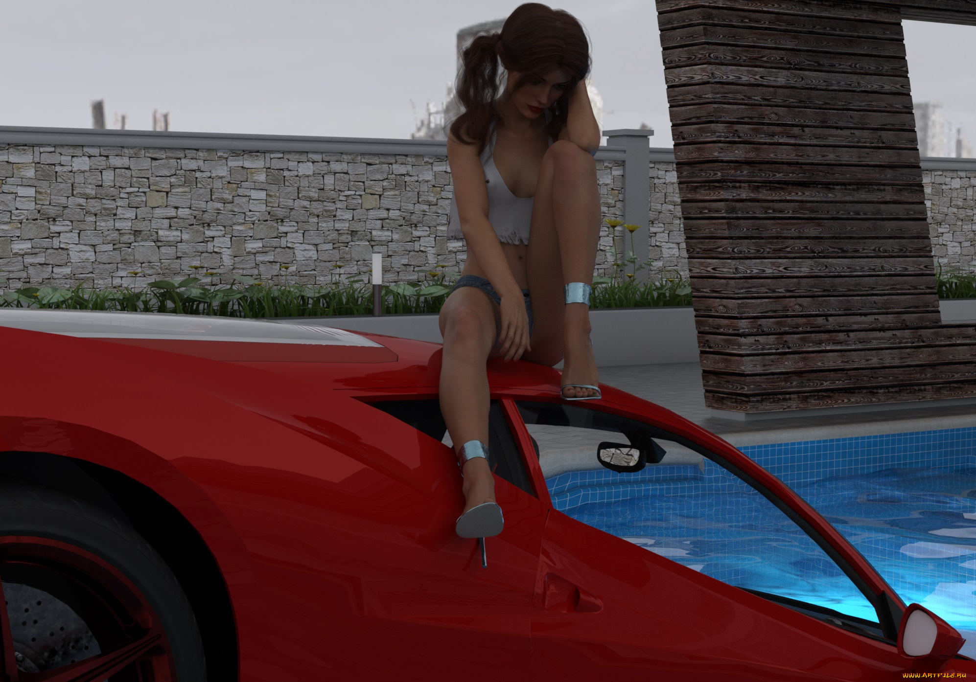 3д, графика, люди-авто, мото, , people-, car, , , moto, автомобиль, фон, взгляд, девушка