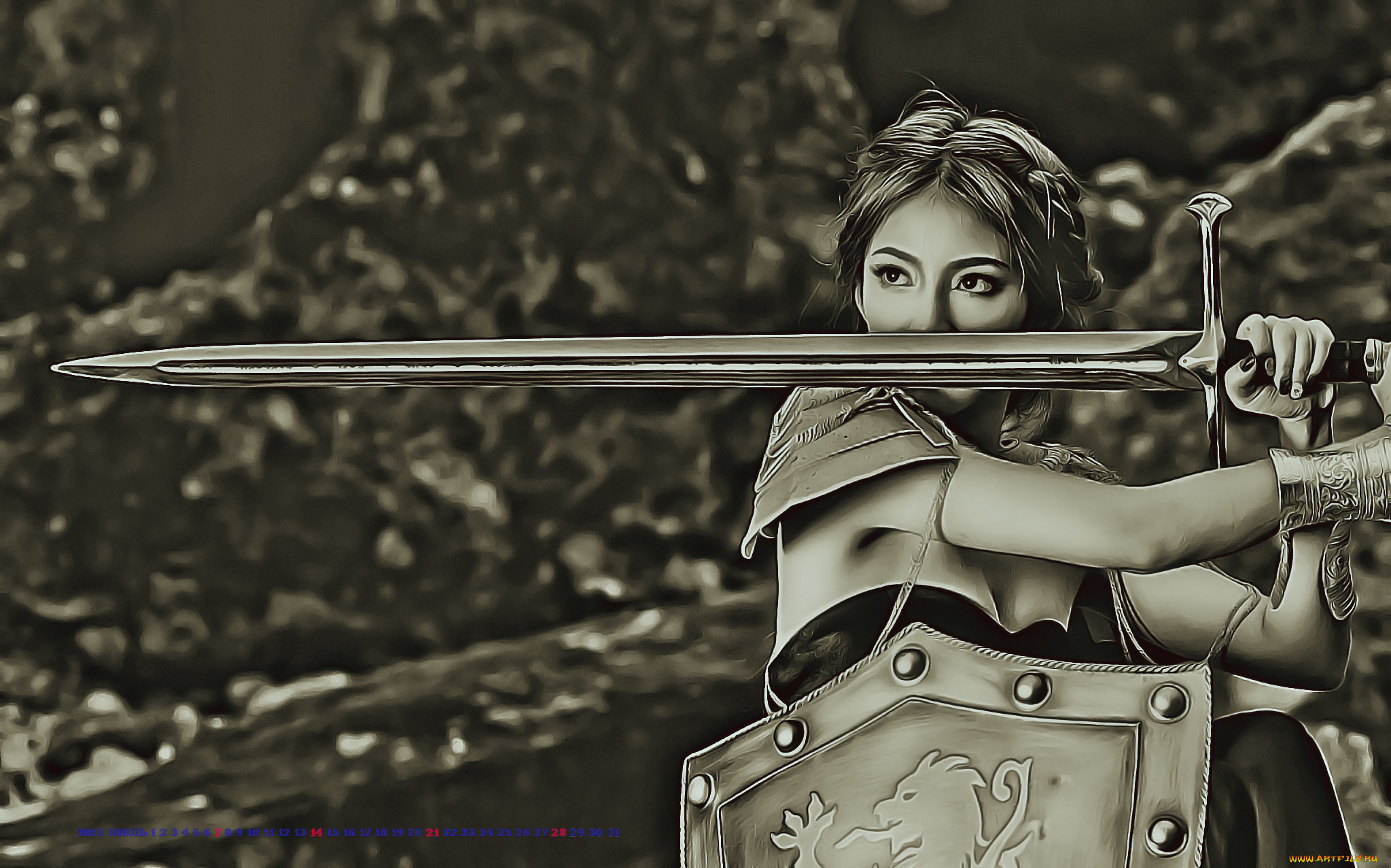 календари, компьютерный, дизайн, женщина, щит, оружие, девушка, меч, копслей, 2019, calendar