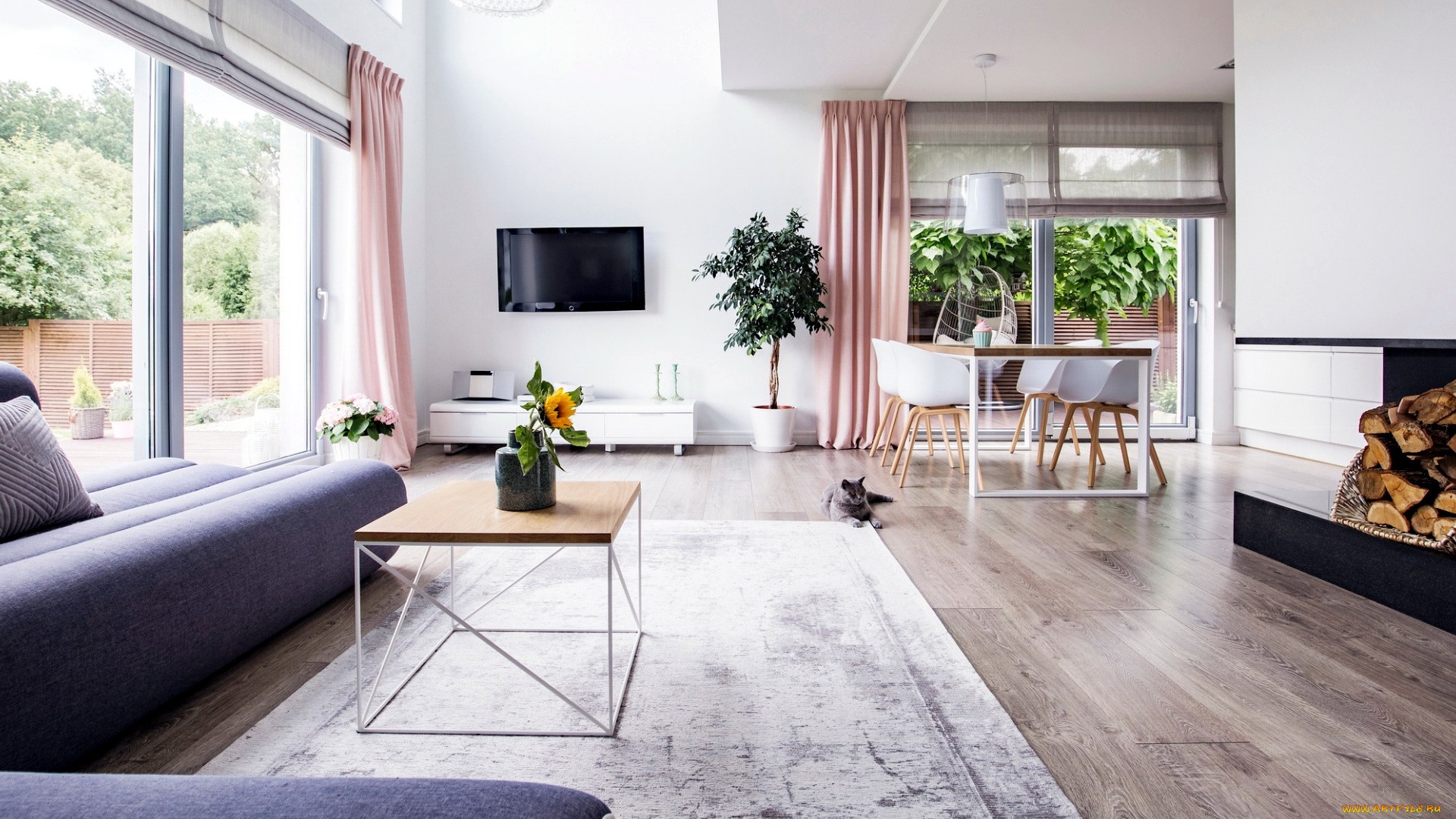 интерьер, гостиная, ковер, диван, дрова