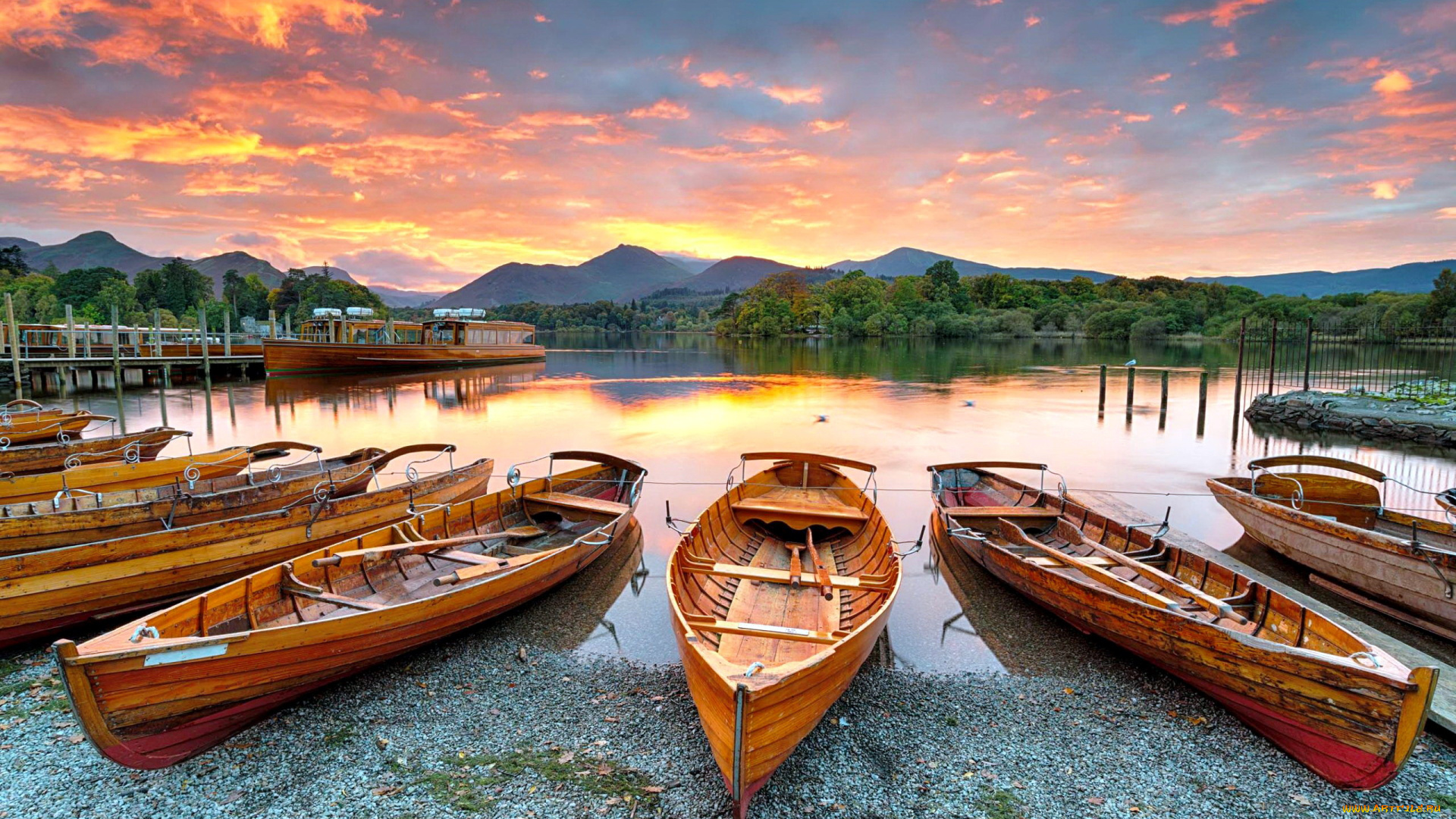 корабли, лодки, , шлюпки, горы, озеро, закат