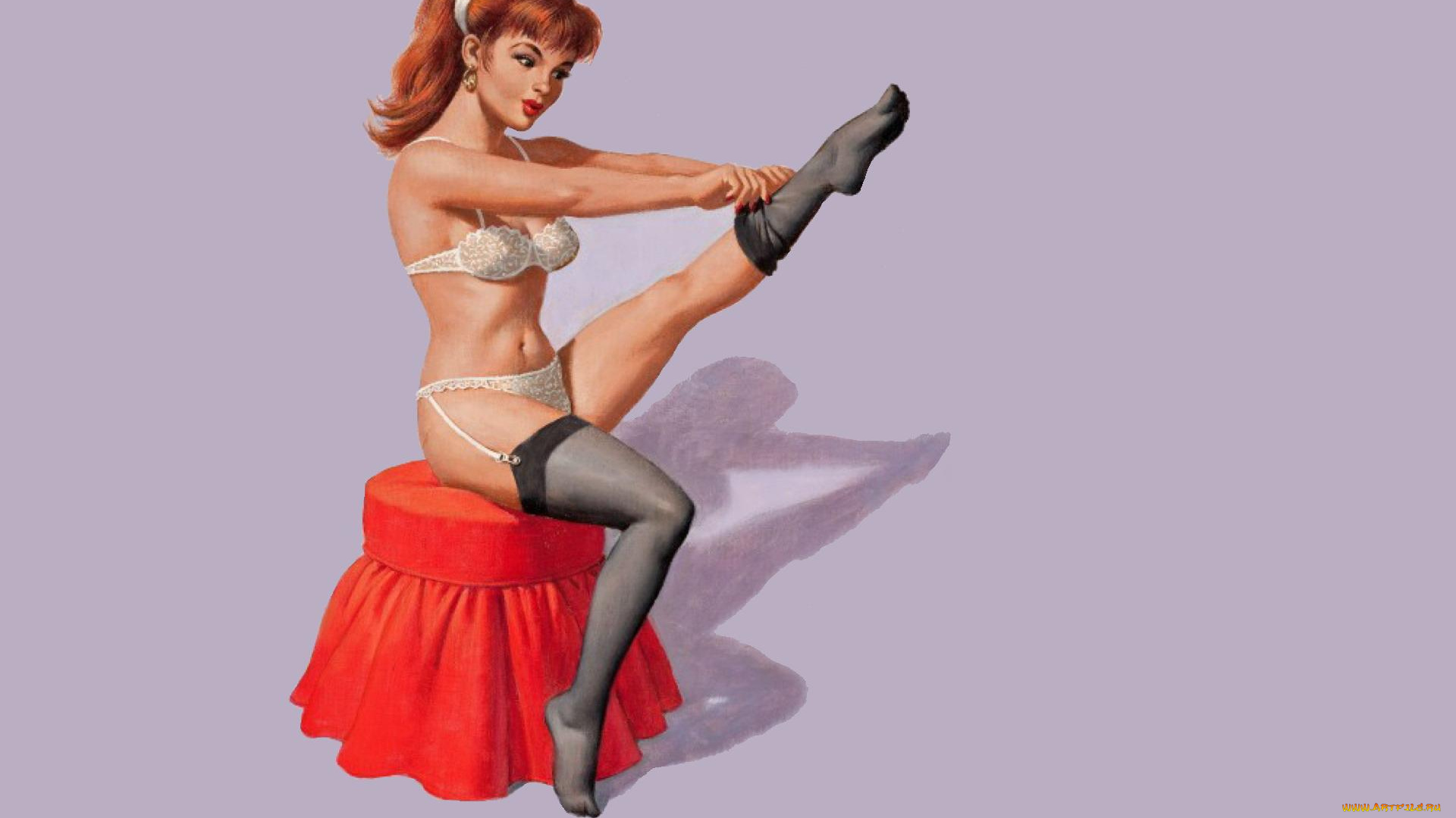 рисованное, arthur, saron, sarnoff, девушка, рыжая, белье, чулки, пуфик