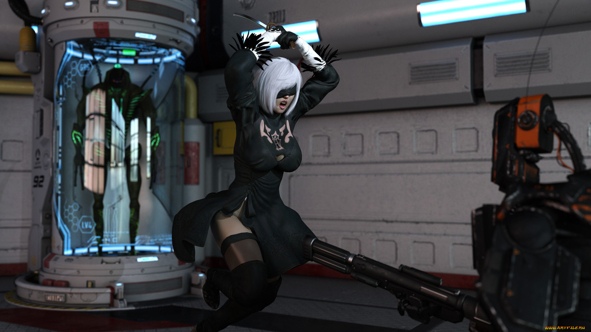 видео, игры, nier, , automata, девушка, фон, маска, робот, платье