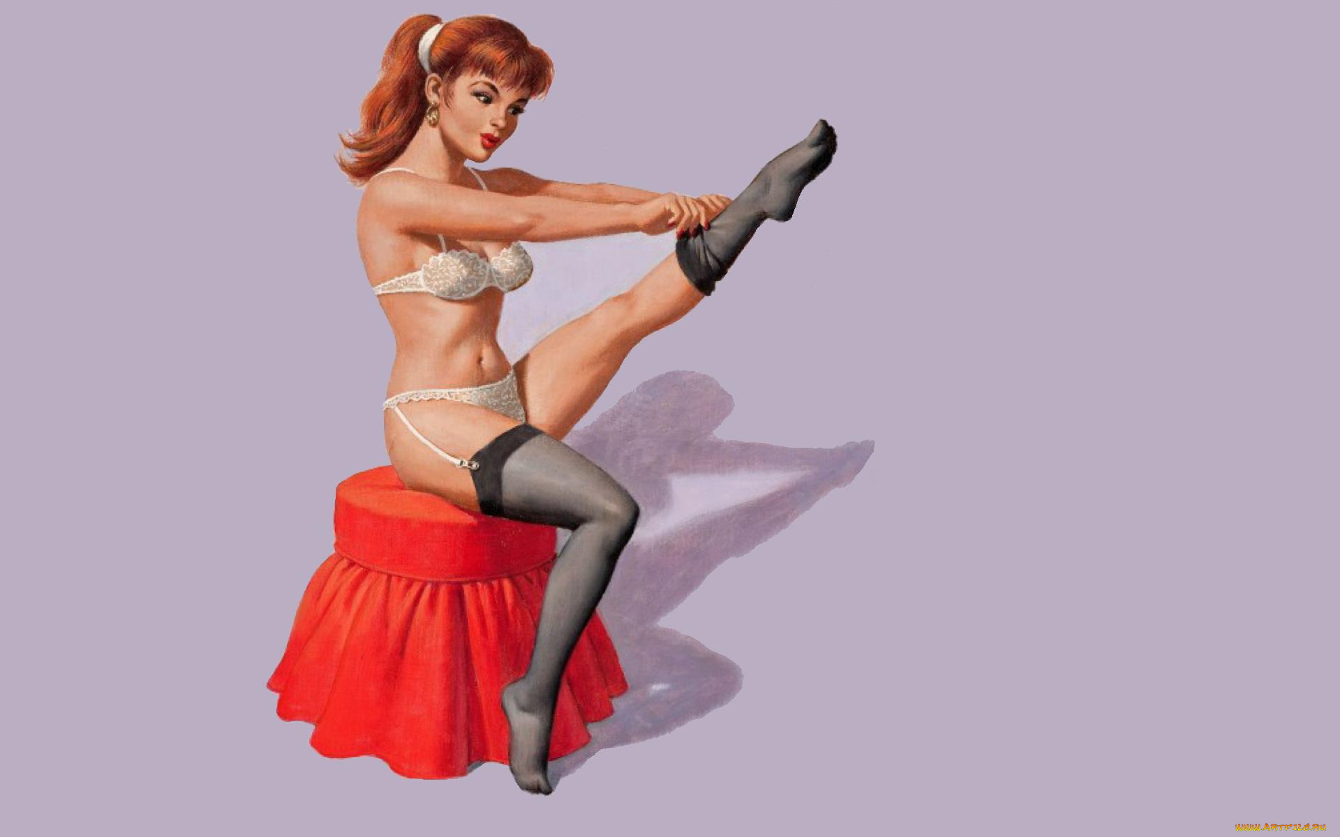 рисованное, arthur, saron, sarnoff, девушка, рыжая, белье, чулки, пуфик