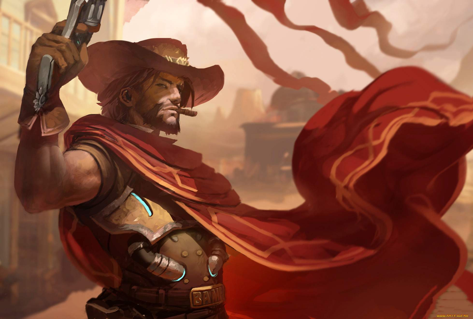 видео, игры, overwatch, мужчина, фон, взгляд, шляпа, плащ, униформа