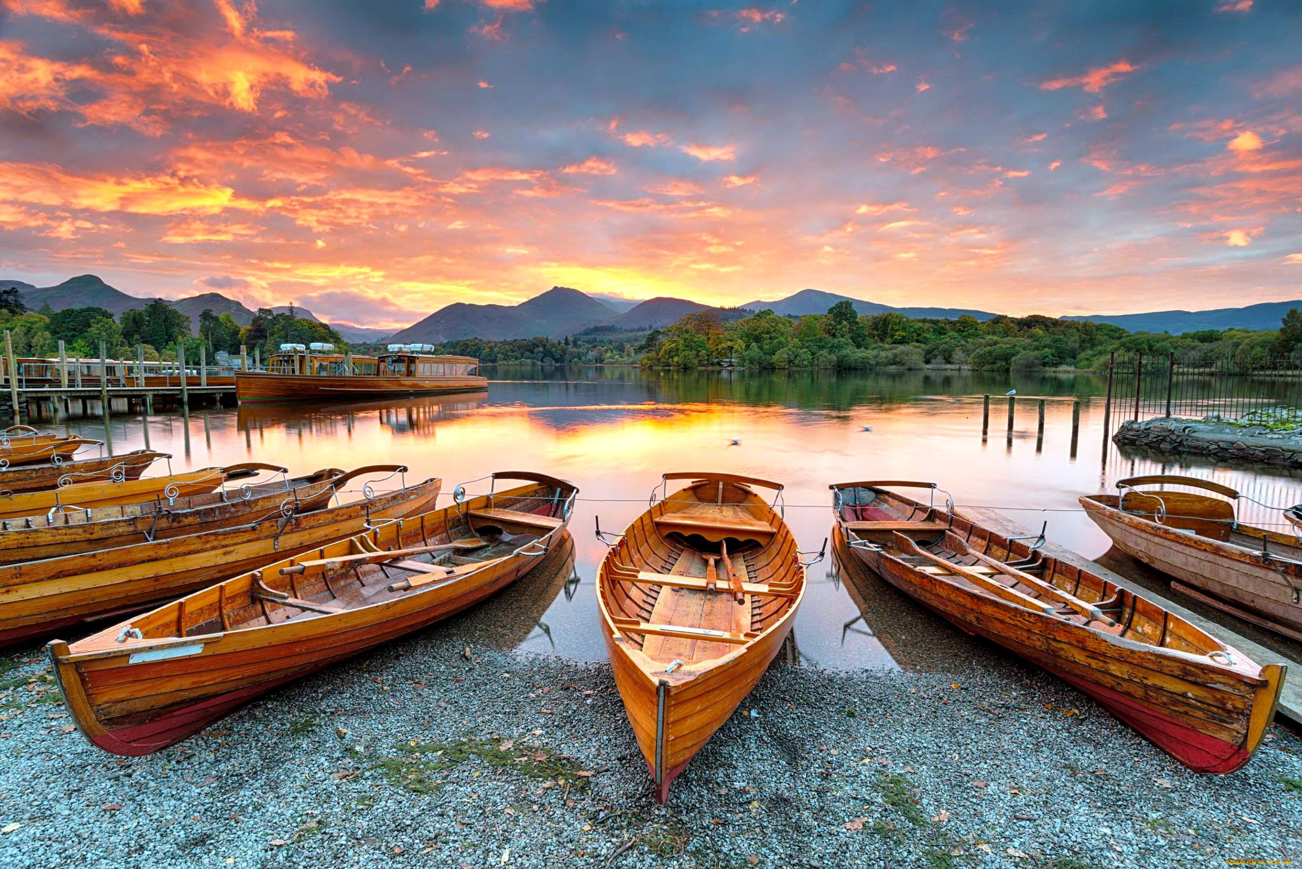 корабли, лодки, , шлюпки, горы, озеро, закат