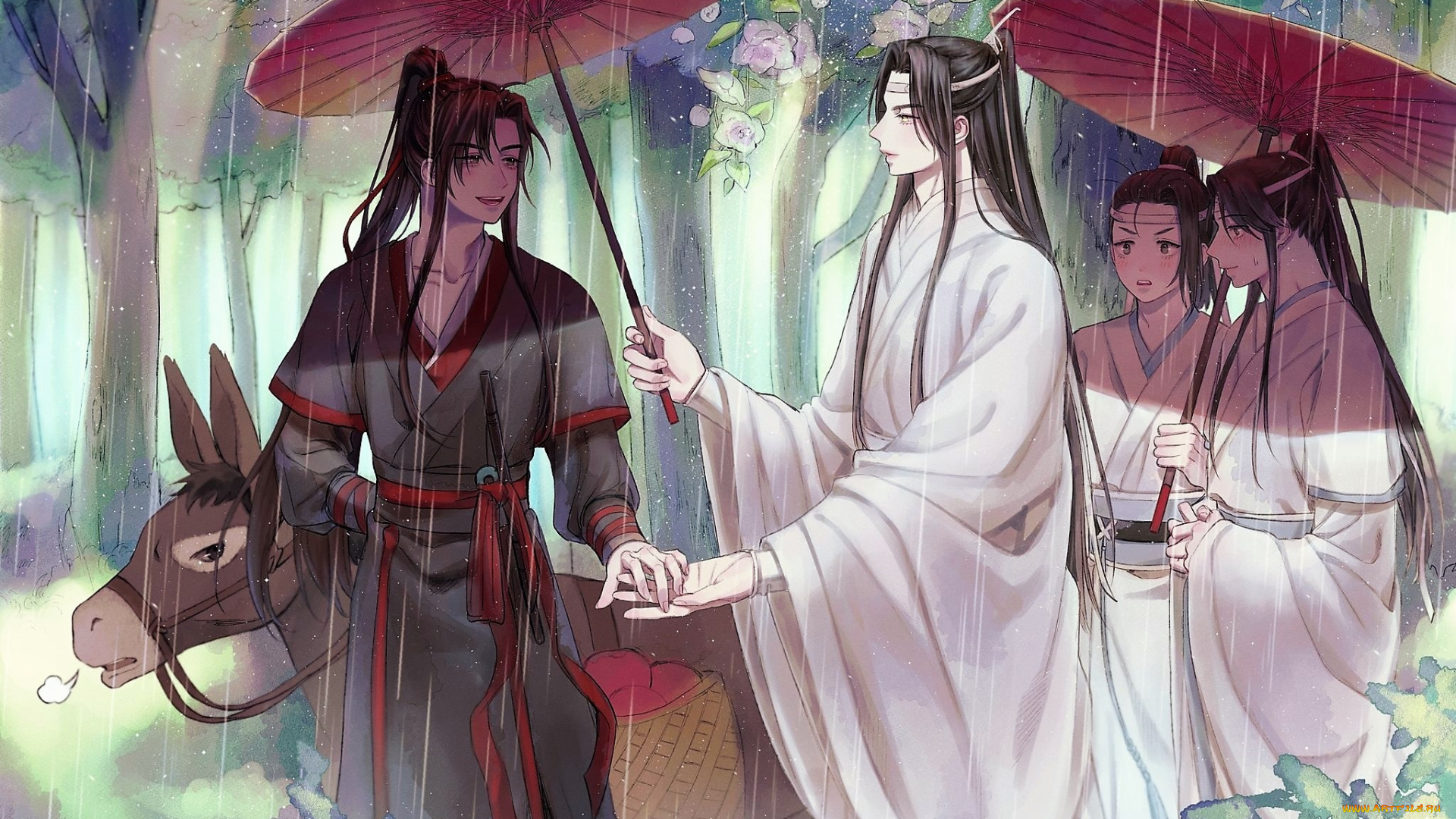 аниме, mo, dao, zu, shi, вэй, усянь, лань, ванцзы, ослик, дождь, зонты, циньи, сычжуй