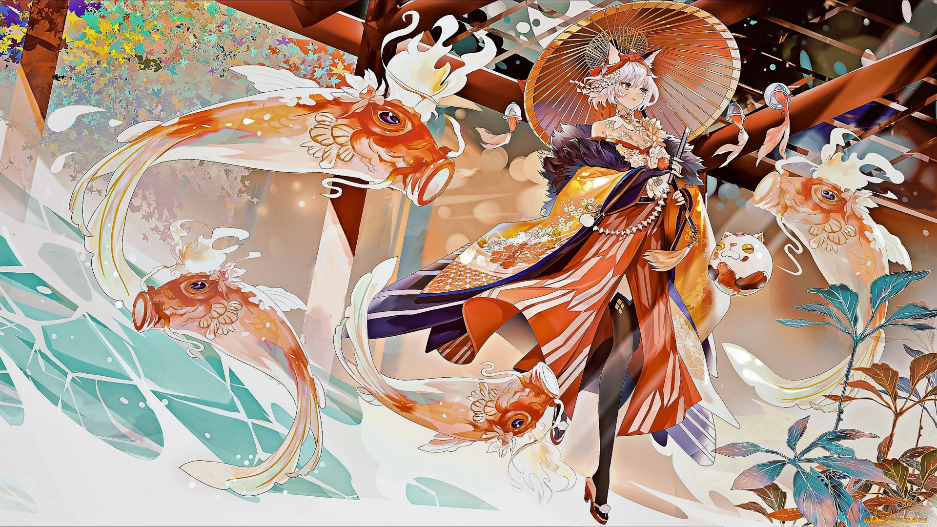 аниме, животные, , существа, девушка, зонт, рыбы