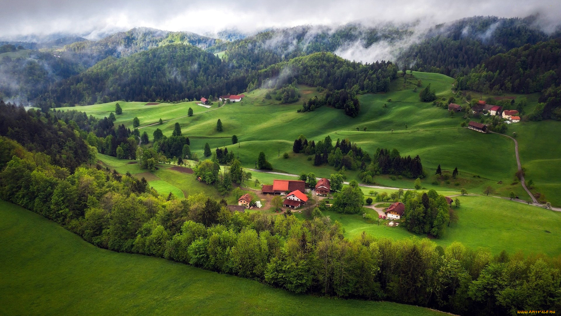 города, -, панорамы, горы, туман, дома