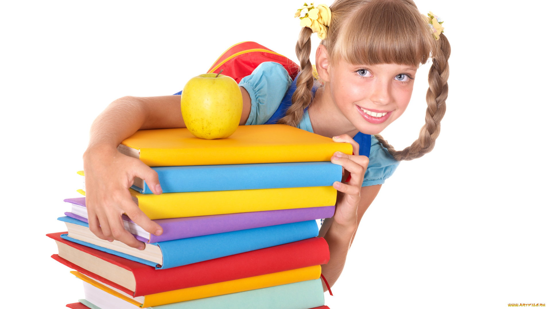 разное, дети, девочка, косы, яблоко, книги