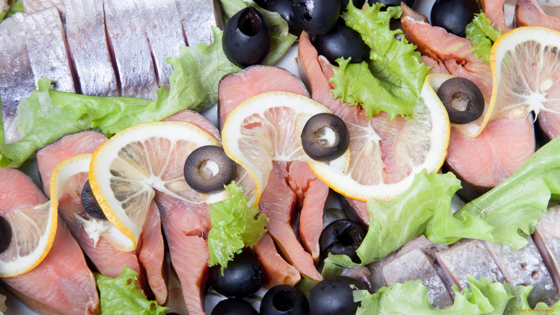 еда, рыбные, блюда, , с, морепродуктами, маслины, селедка, лимон, зеленый, салат