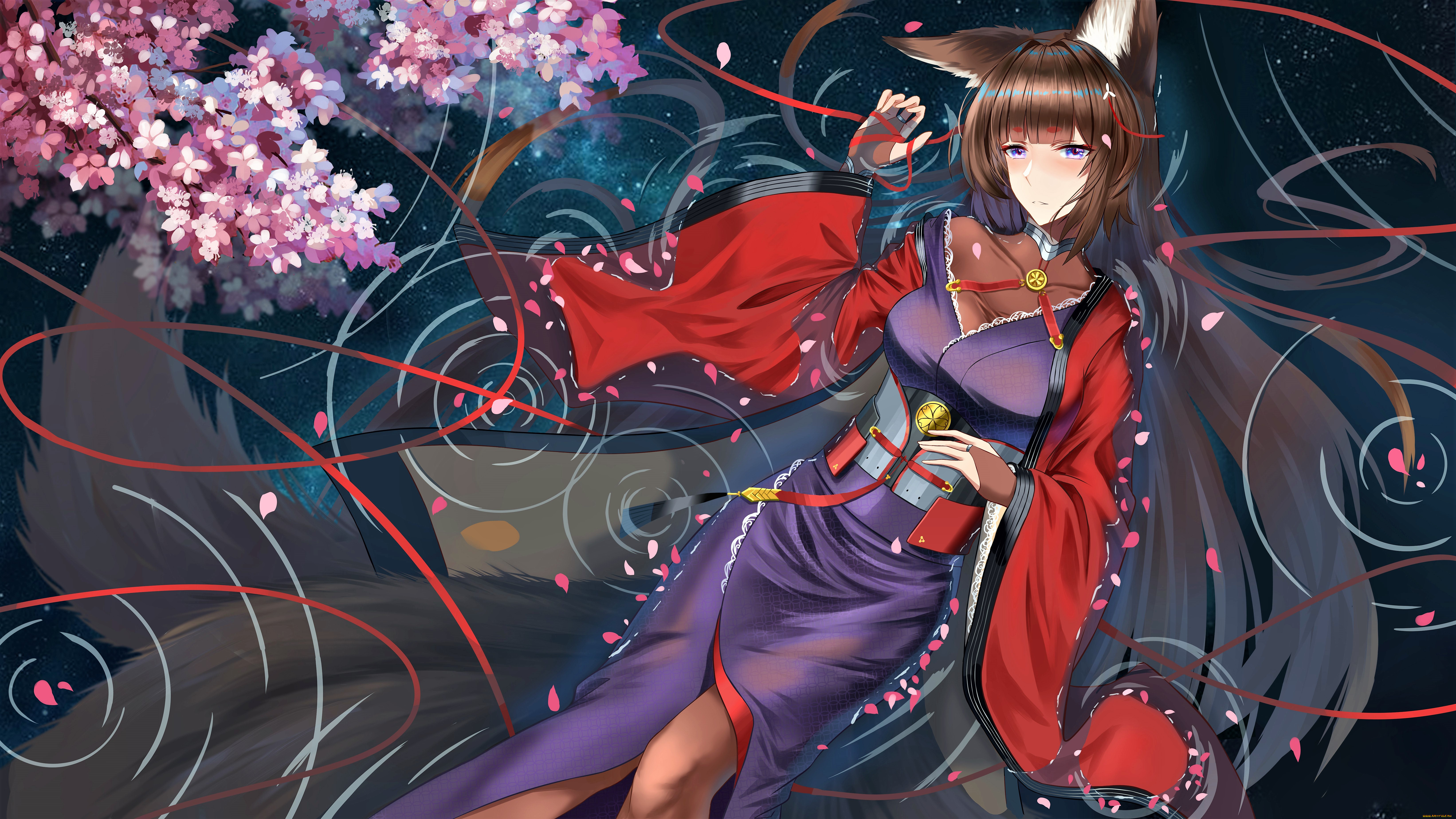 аниме, azur, lane, девушка, ушки, кимоно, сакура, магия