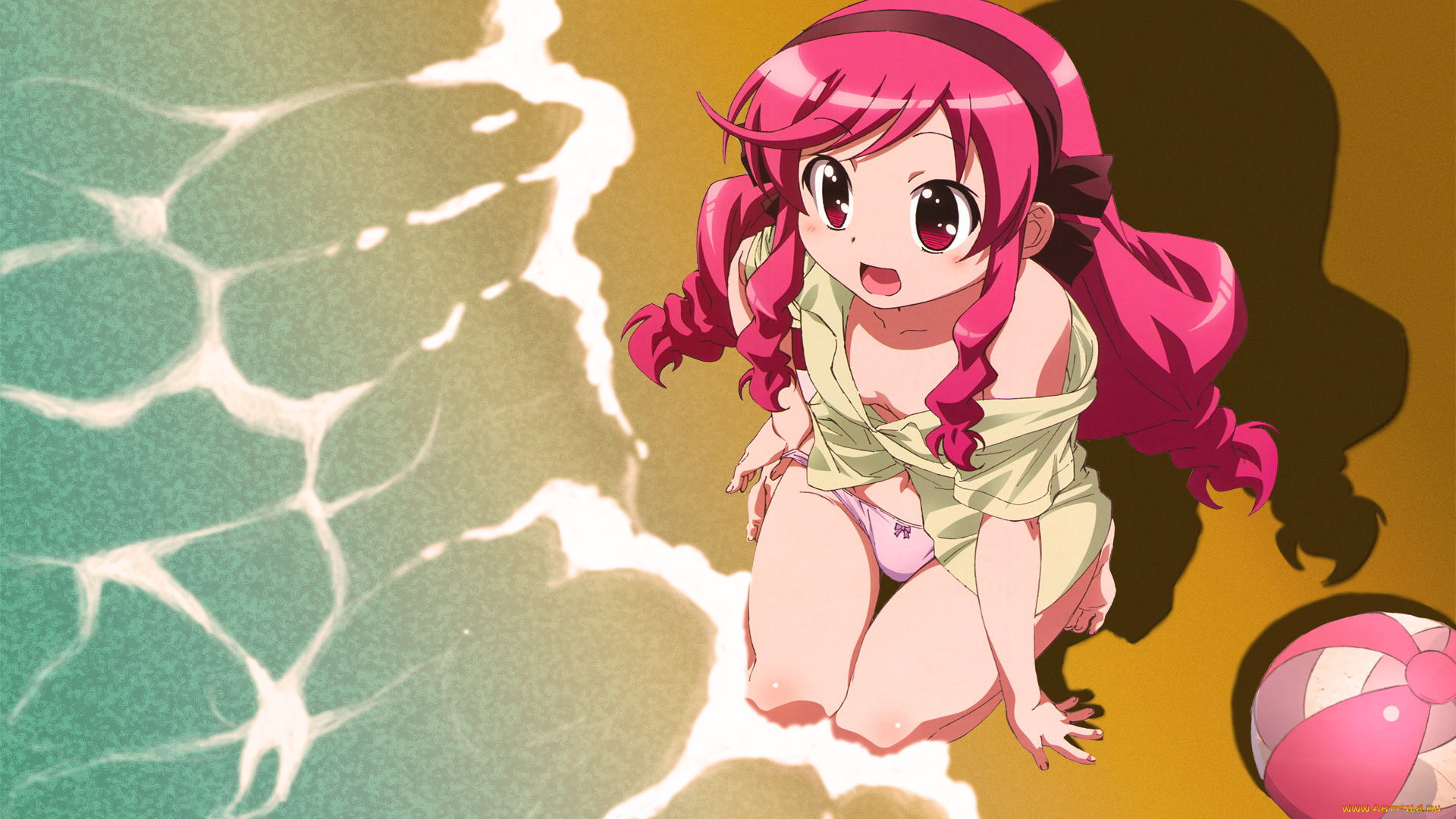 kanamemo, аниме, девушка, нижнее, белье, рубашка, море, вода, песок, пляж, мяч, лента, бант, улыбка