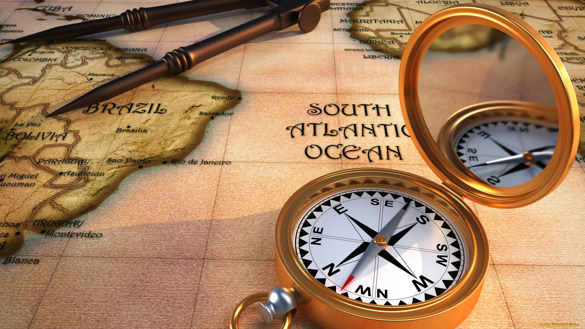 3д, графика, другое, карта, компас, континенты