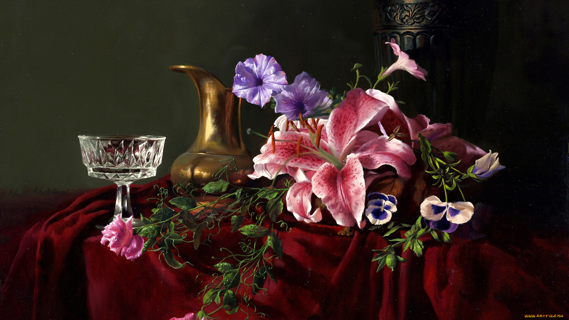 алексей, антонов, рисованные, натюрморт, виолы, бокал, кувшин, лилии