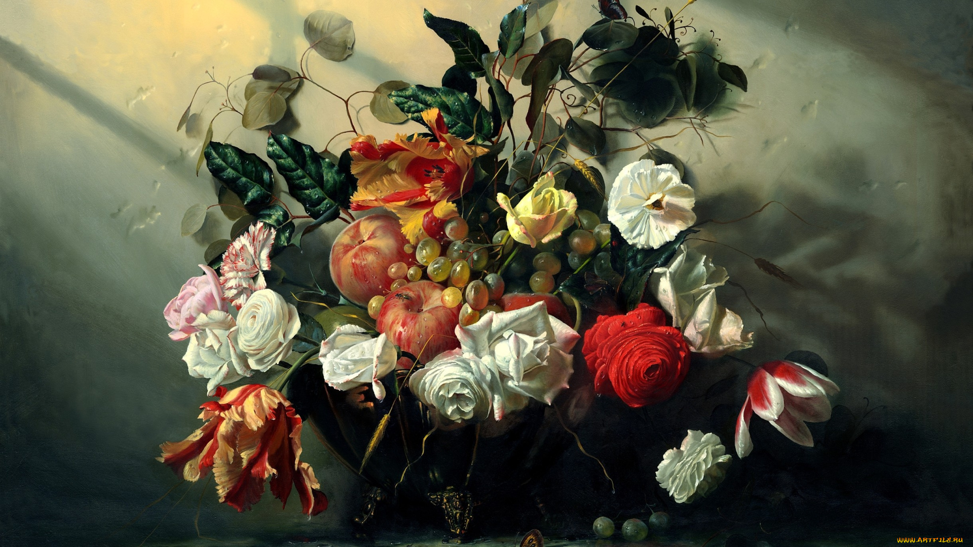 алексей, антонов, рисованные, натюрморт, яблоки, розы, тюльпаны, бабочка, виноград