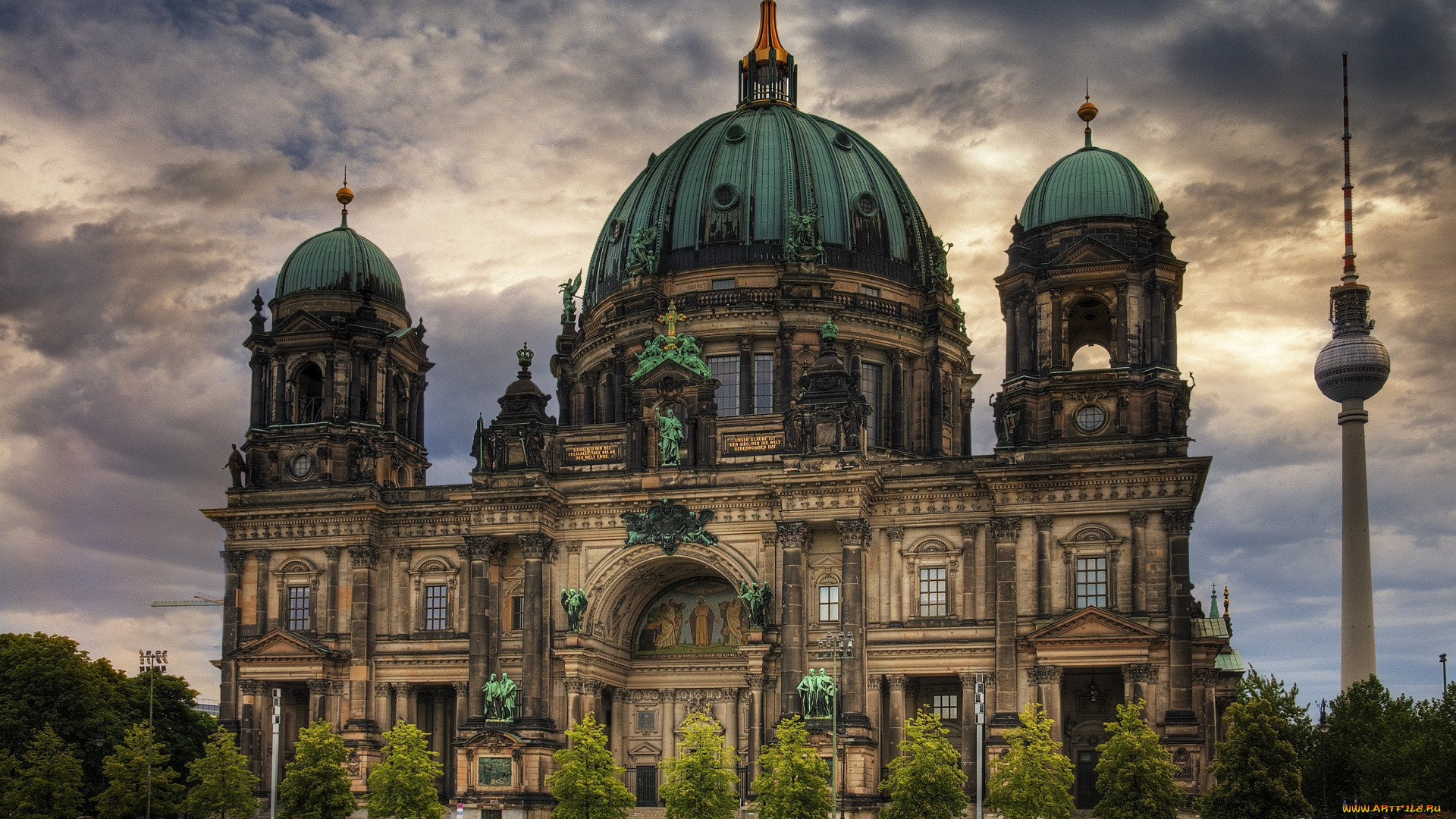 кафедральный, собор, берлина, германия, города, берлин, купола, огромный, скульптуры, крест