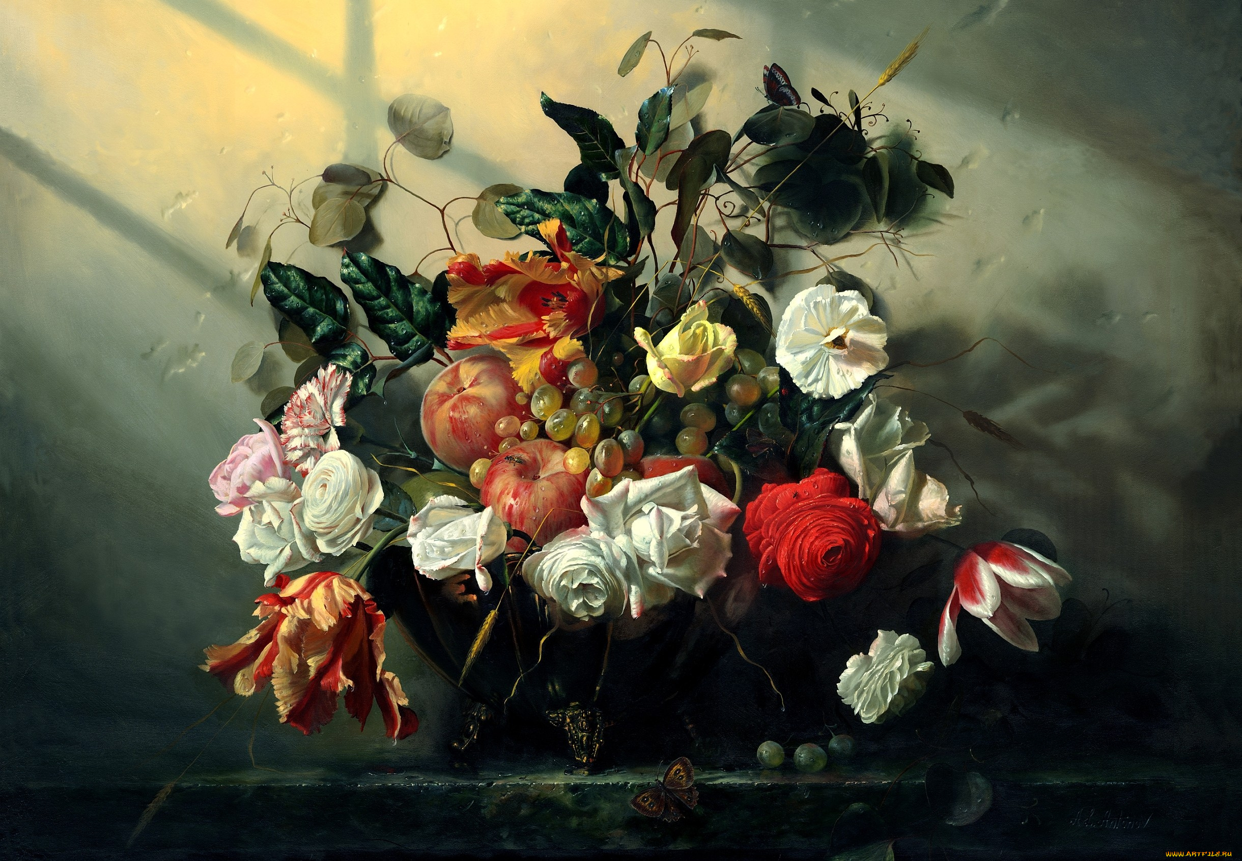 алексей, антонов, рисованные, натюрморт, яблоки, розы, тюльпаны, бабочка, виноград