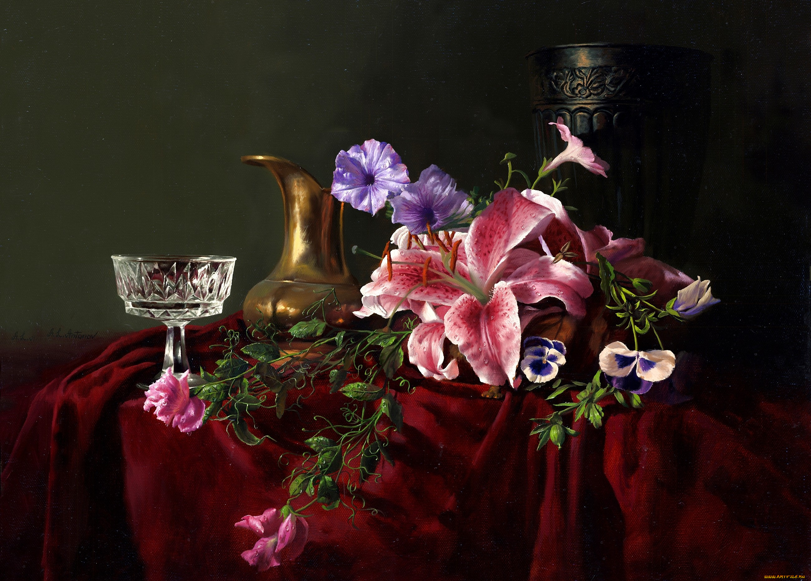 алексей, антонов, рисованные, натюрморт, виолы, бокал, кувшин, лилии