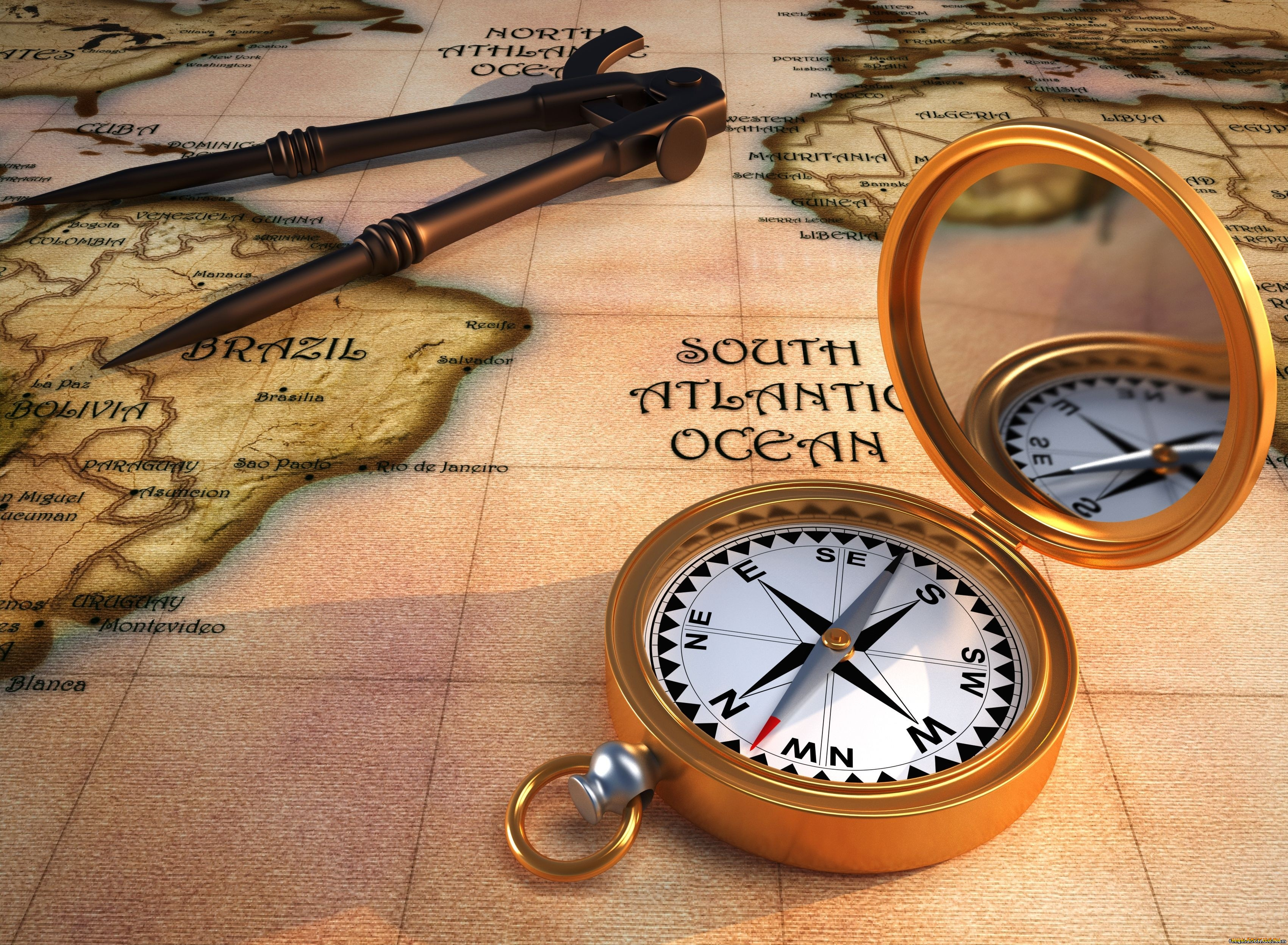 3д, графика, другое, карта, компас, континенты