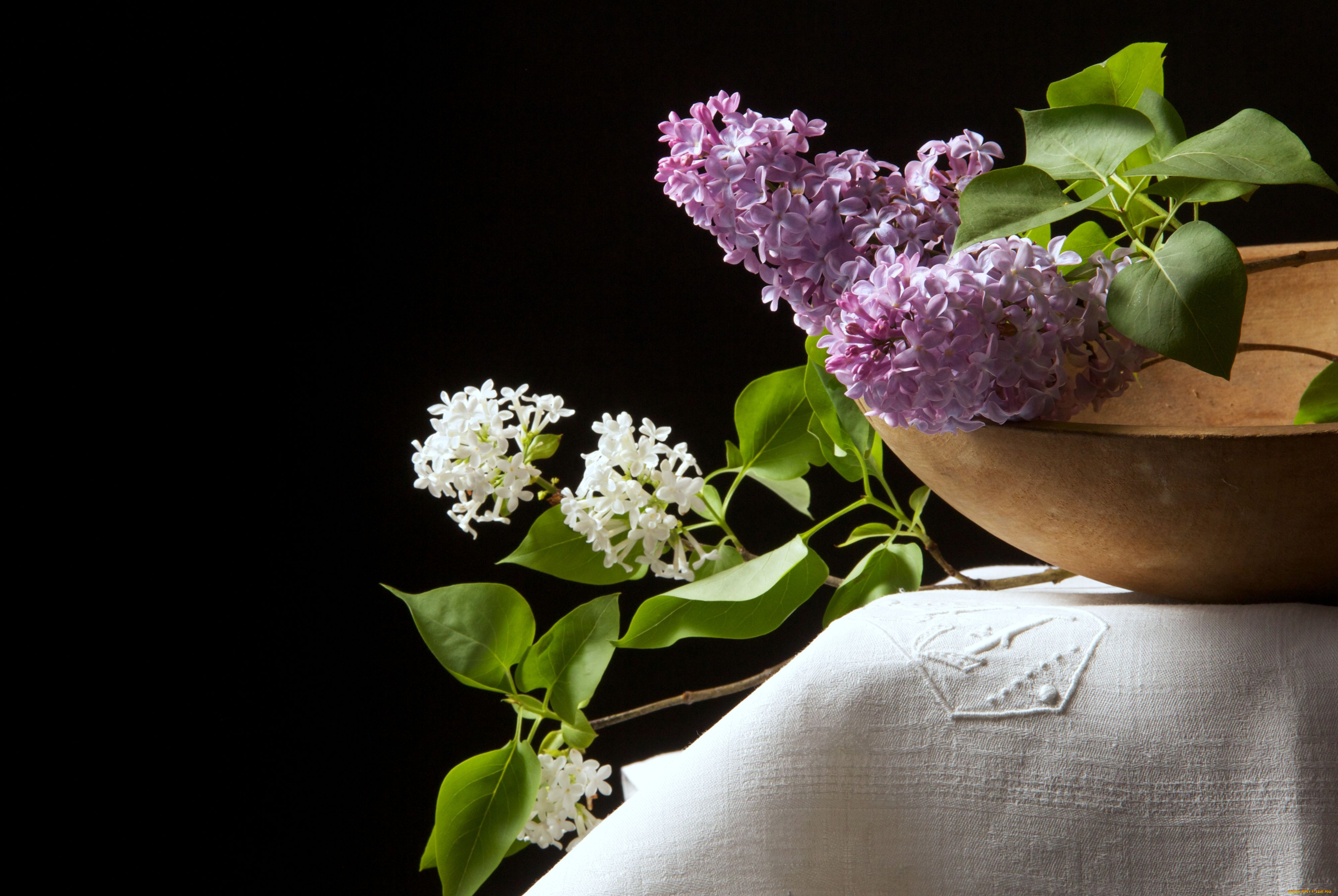 цветы, сирень, миска, ветки, гроздья