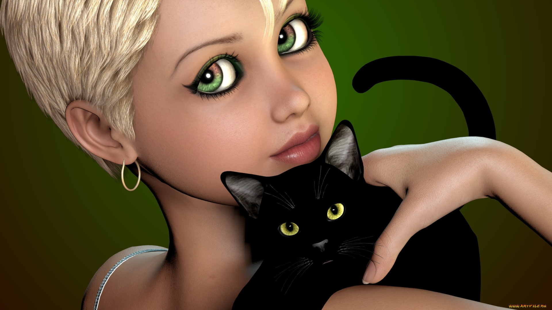 3д, графика, портрет, , portraits, девушка, стрижка, кот, черный