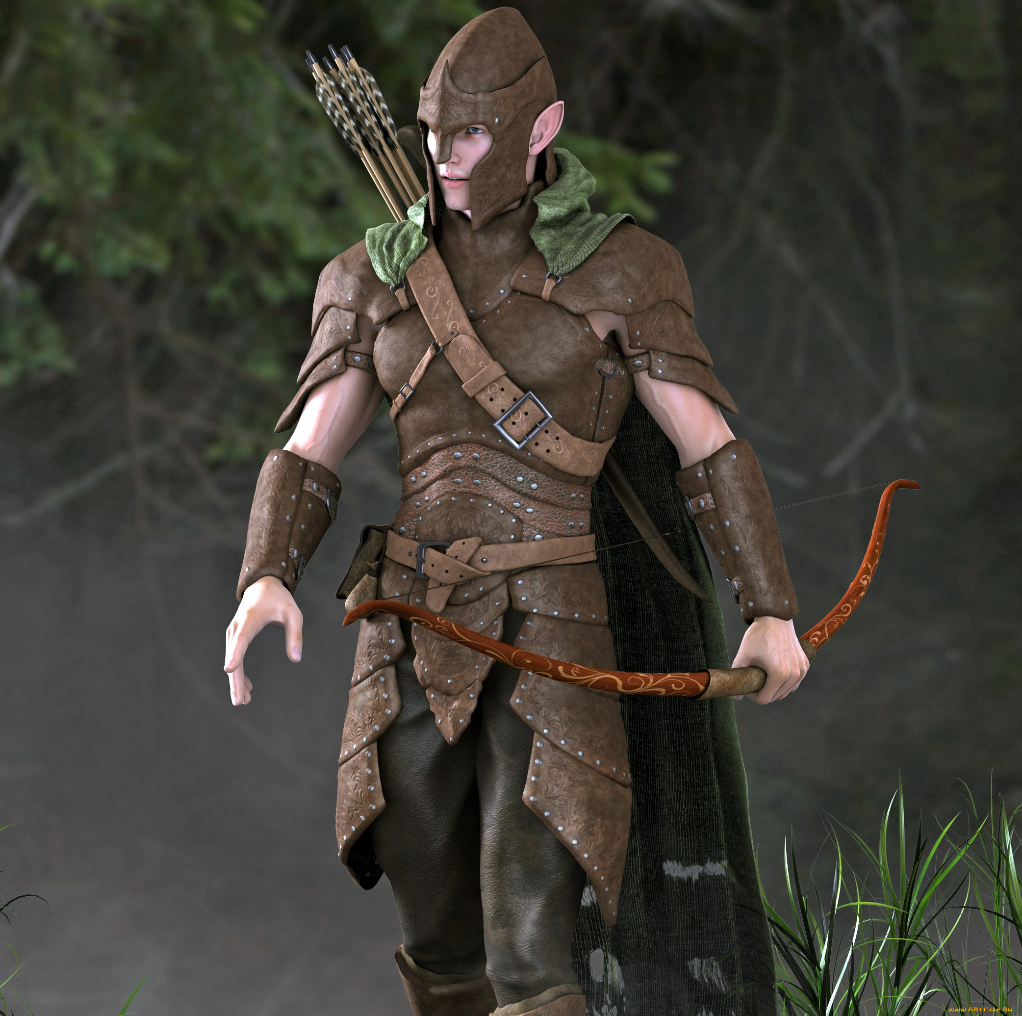 3д, графика, эльфы, , elves, лес, эльфийка, лук, взгляд