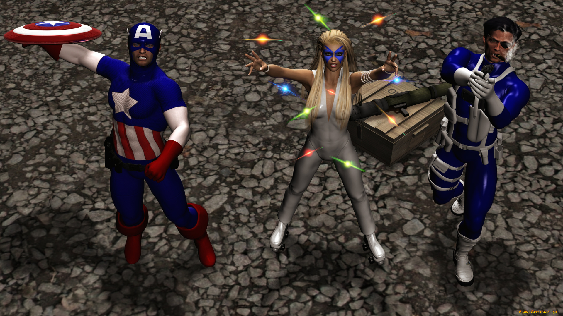 3д, графика, фантазия, , fantasy, девушка, супермены, мужчины, фон, взгляд