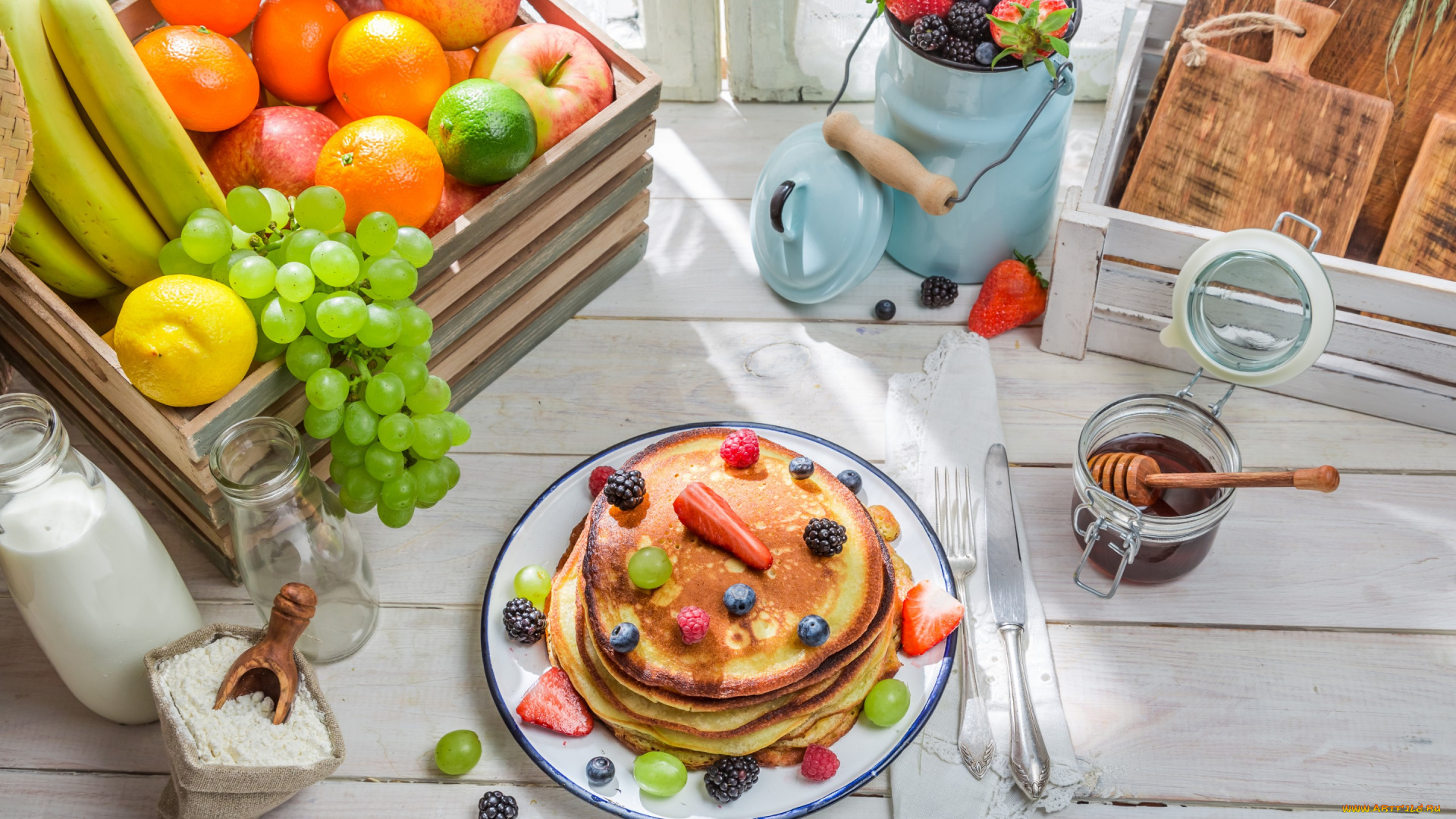 еда, блины, , оладьи, berries, breakfast, pancakes, фрукты, ягоды, выпечка, fruit