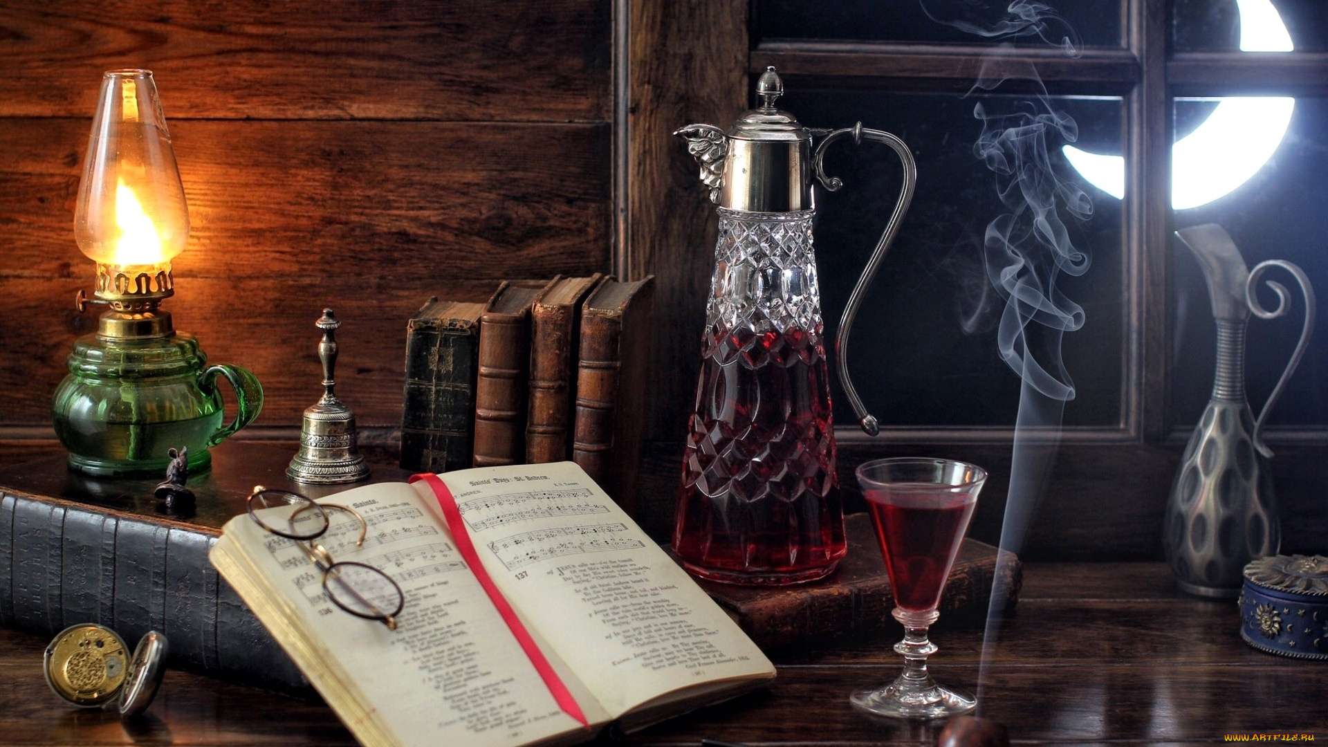 еда, напитки, , вино, натюрморт, графин, вино, бокал, книга, ноты, трубка, окно, луна, дым, очки, колокольчик, лампа, часы