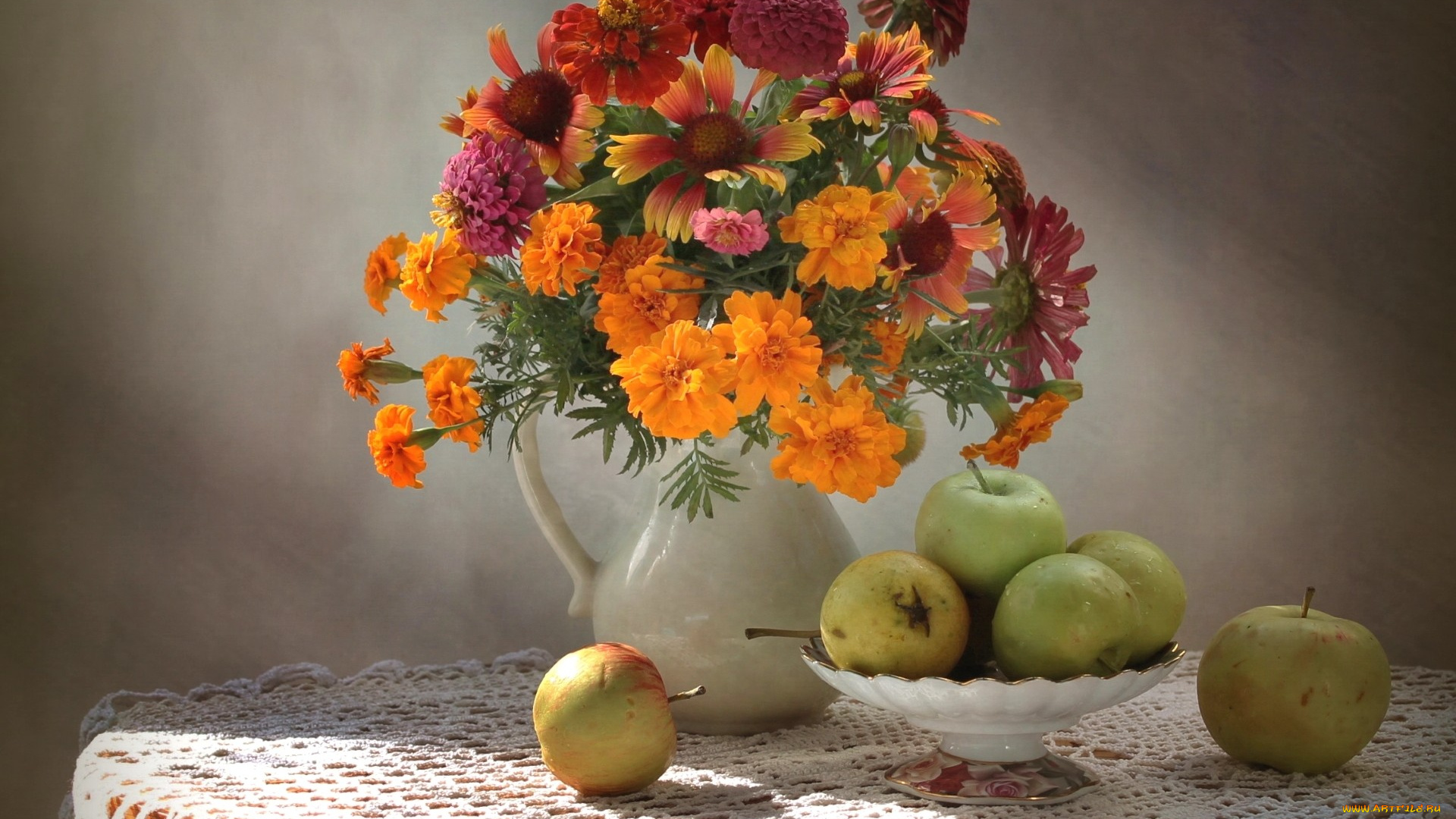 еда, Яблоки, натюрморт, букет, бархатцы, гайлардия, цинния, яблоки