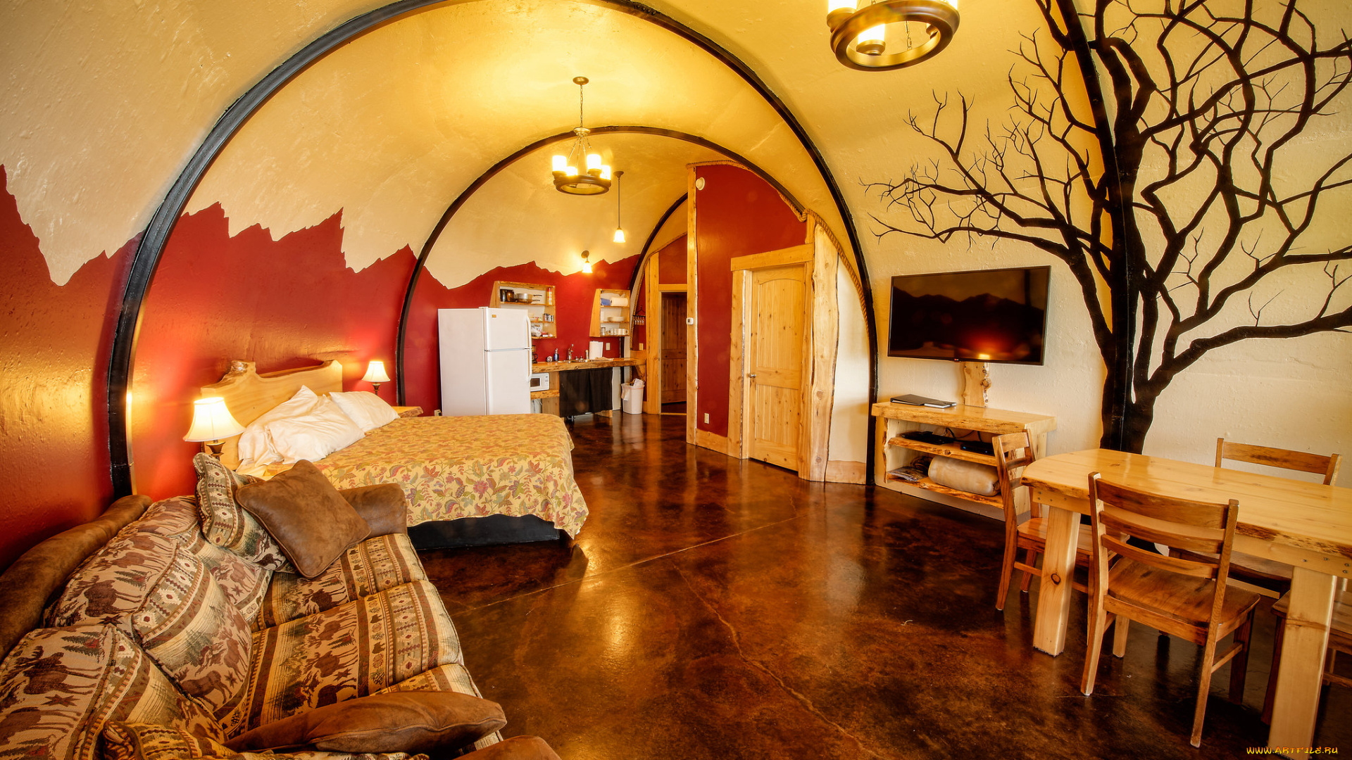 интерьер, спальня, диван, круглый, потолок, кровать, стены, люстры, стол, свет, комната