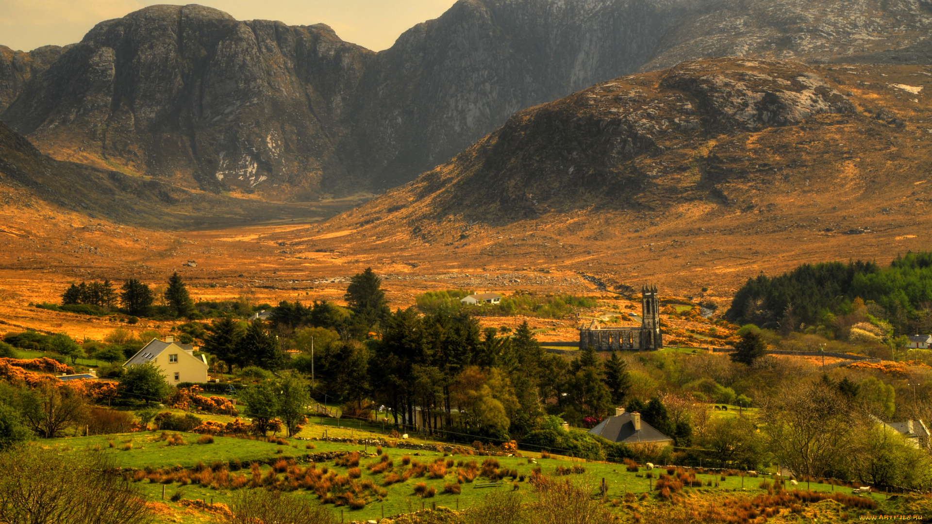 природа, пейзажи, дома, церковь, деревья, поля, поселение, горы