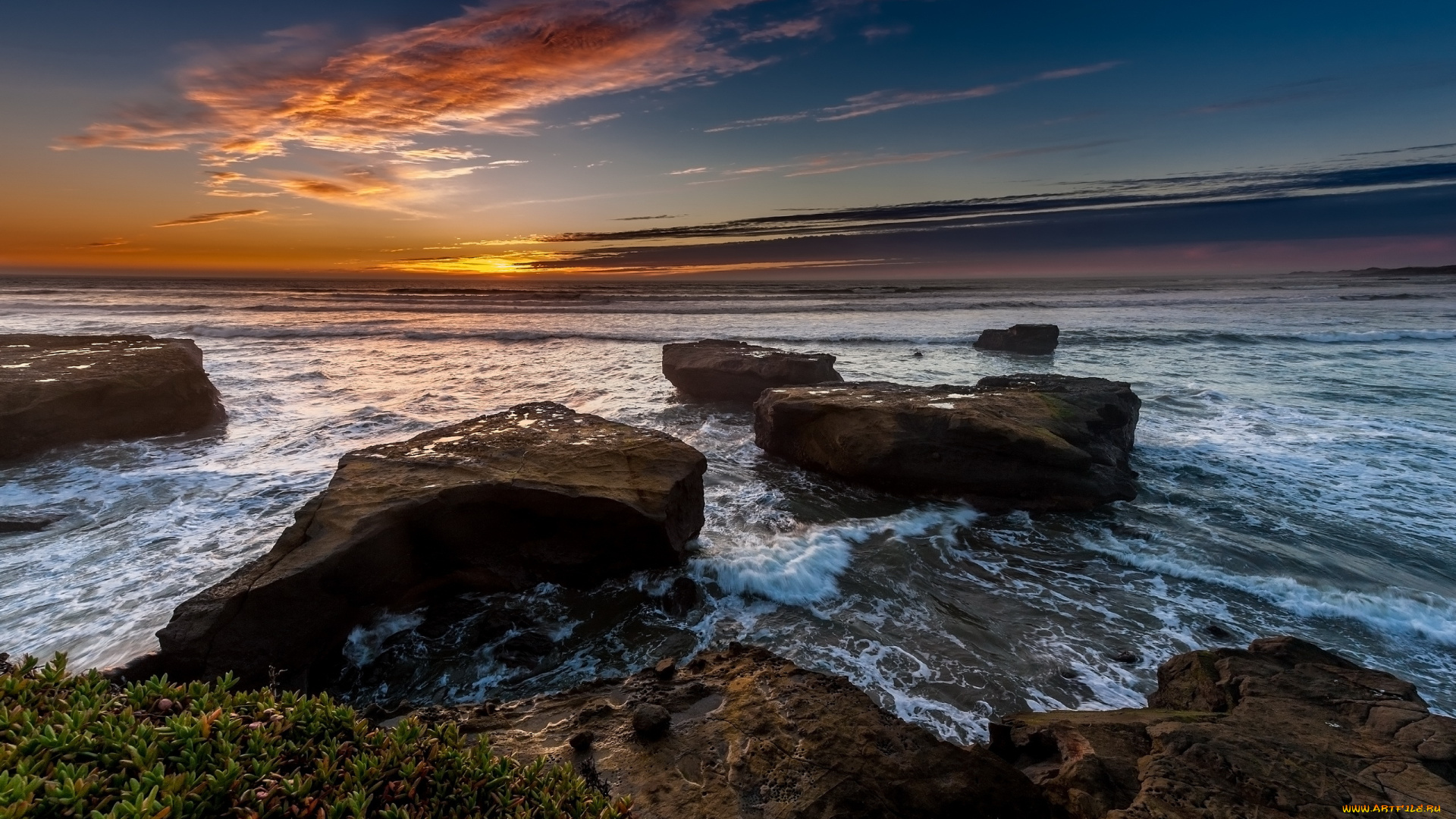 природа, побережье, море, закат