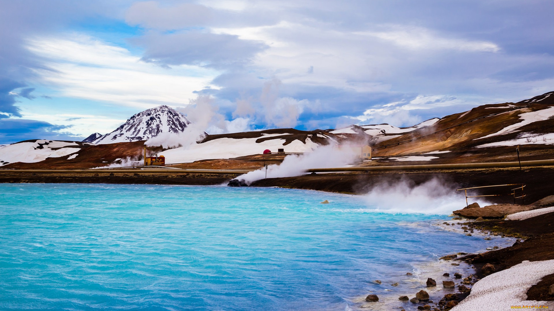 природа, побережье, облака, горы, снег, море, исландия