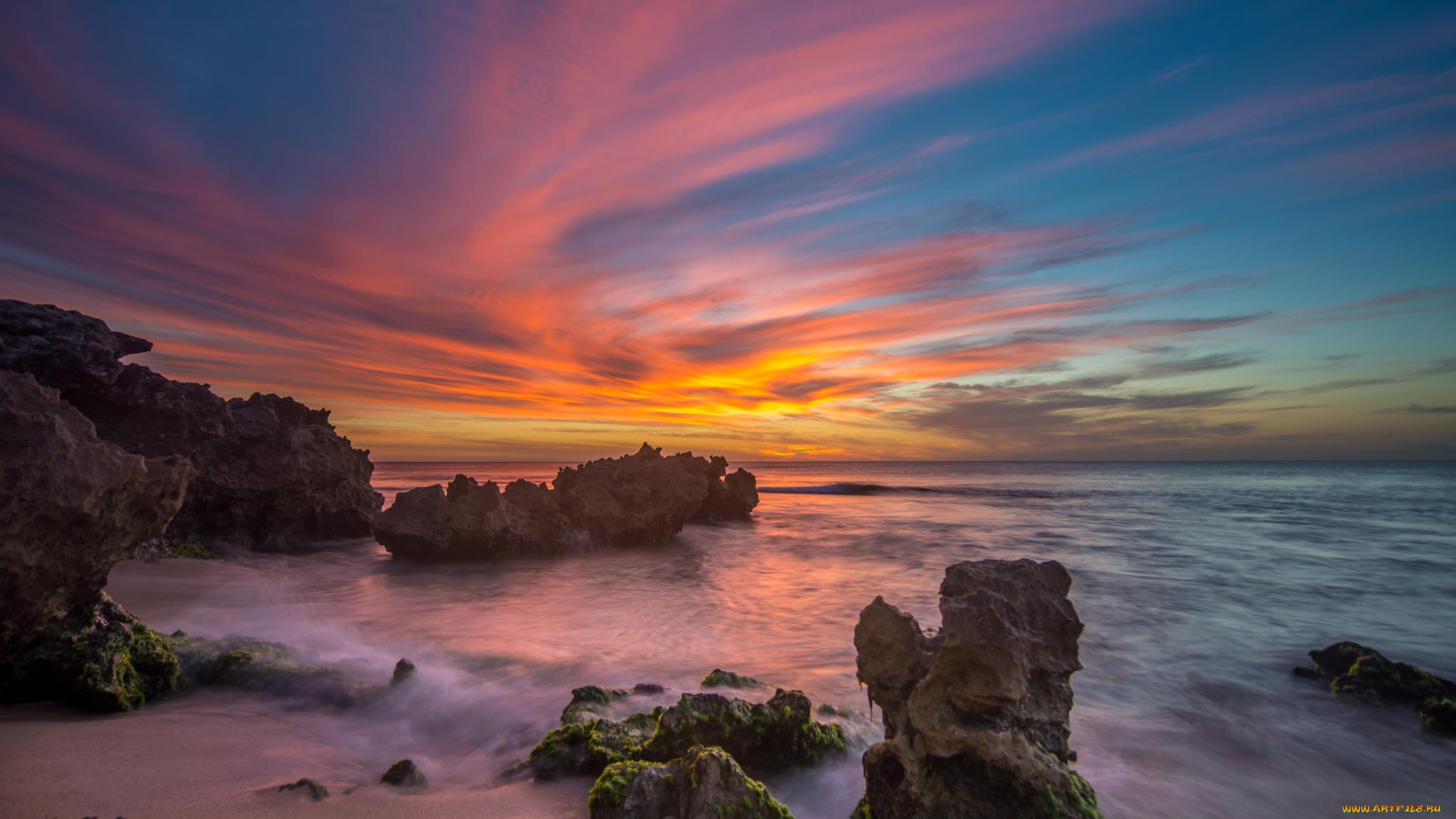 природа, побережье, пейзаж, закат, скалы, океан