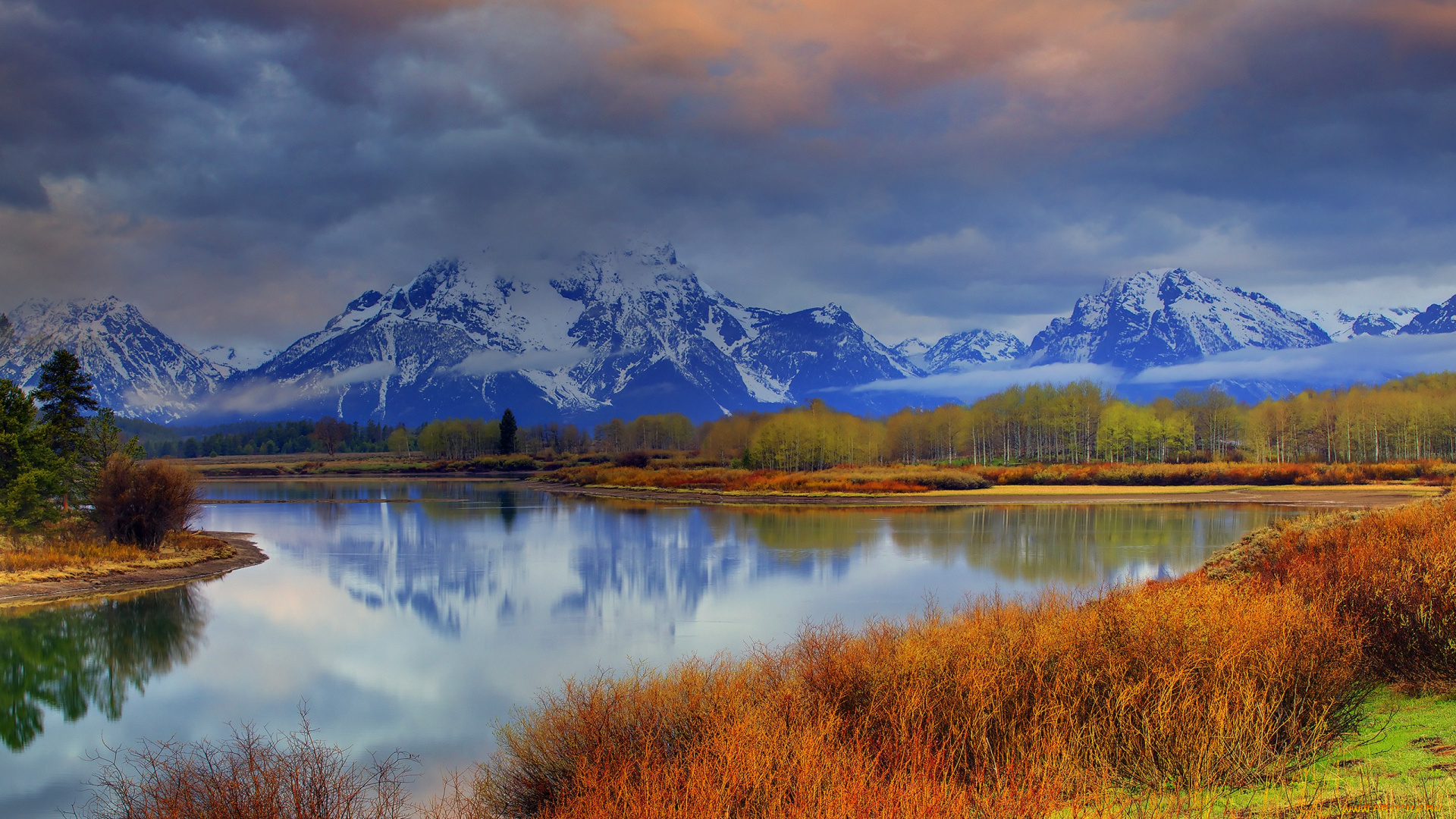 природа, реки, озера, лес, река, горы, облака, небо, сша, снег, деревья, wyoming, озеро