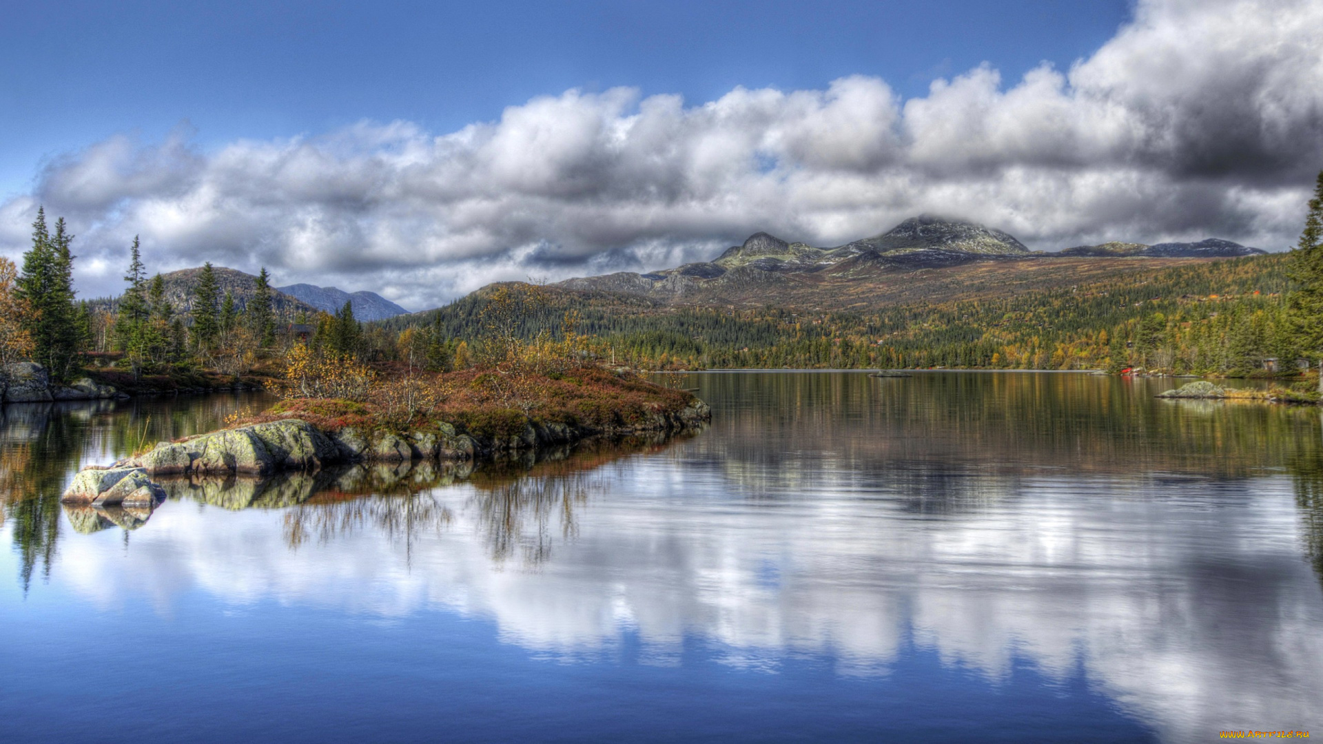 природа, реки, озера, озеро, облака, горы, лес, tuddal, норвегия, деревья, камни